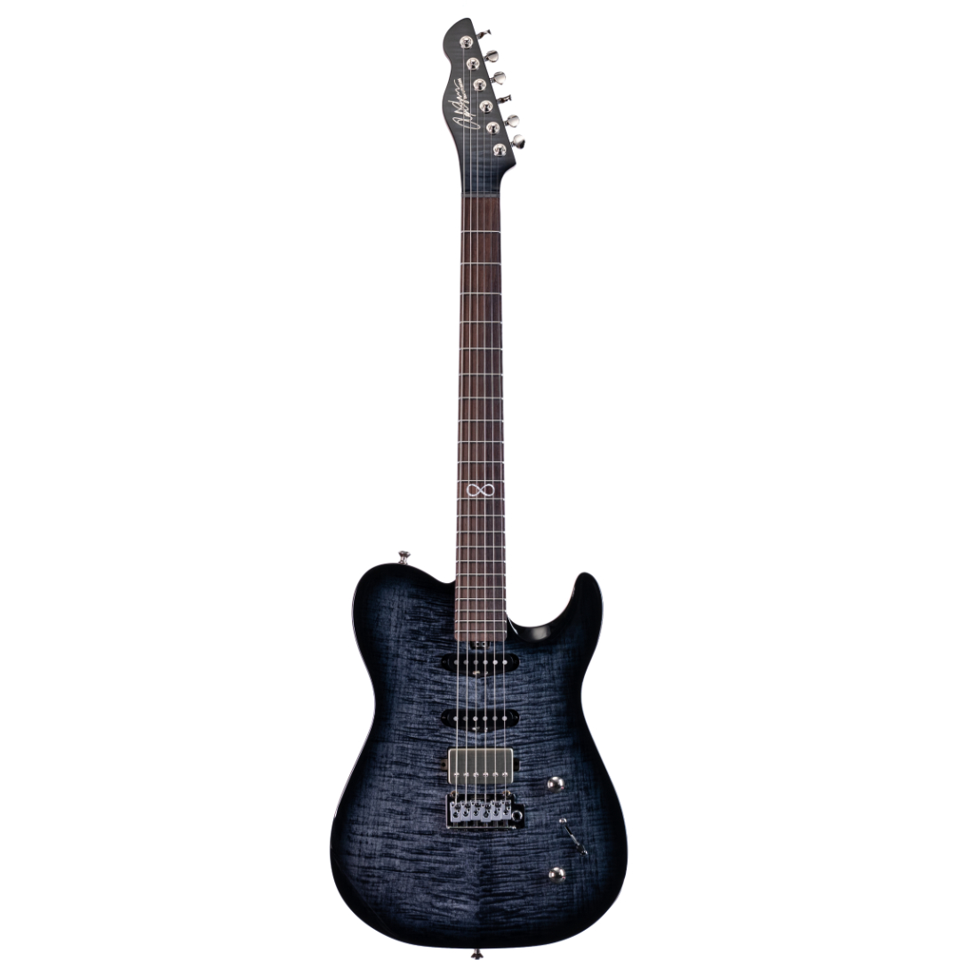E-Gitarre, Dunkelblau, Flamed-Maple-Decke, Humbucker und Singlecoils, Massivkorpus