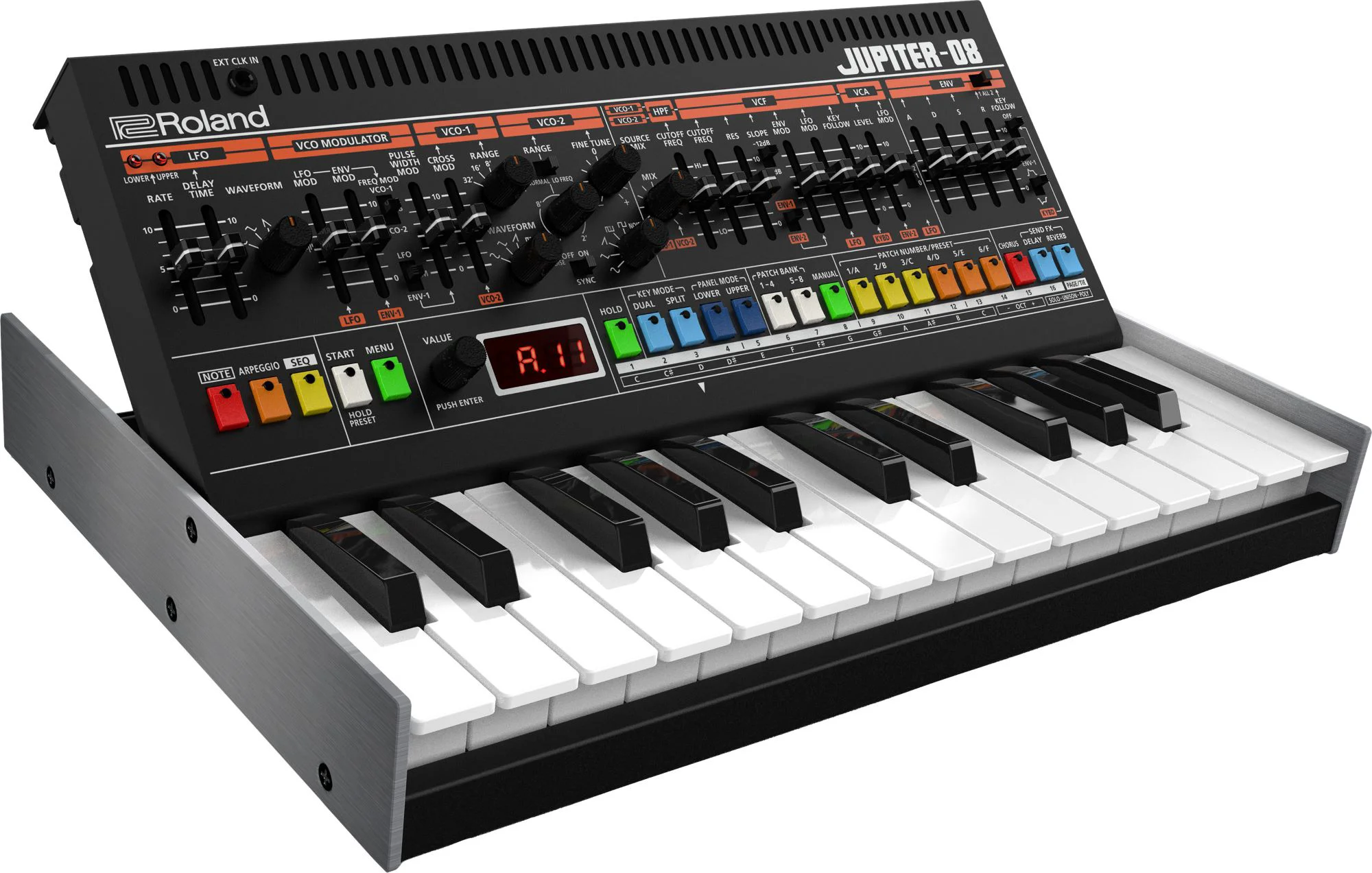 analoger Synthesizer, Tastenkeyboard, schwarzes Gehäuse, Holzseitenteile, Regler und Schieberegler