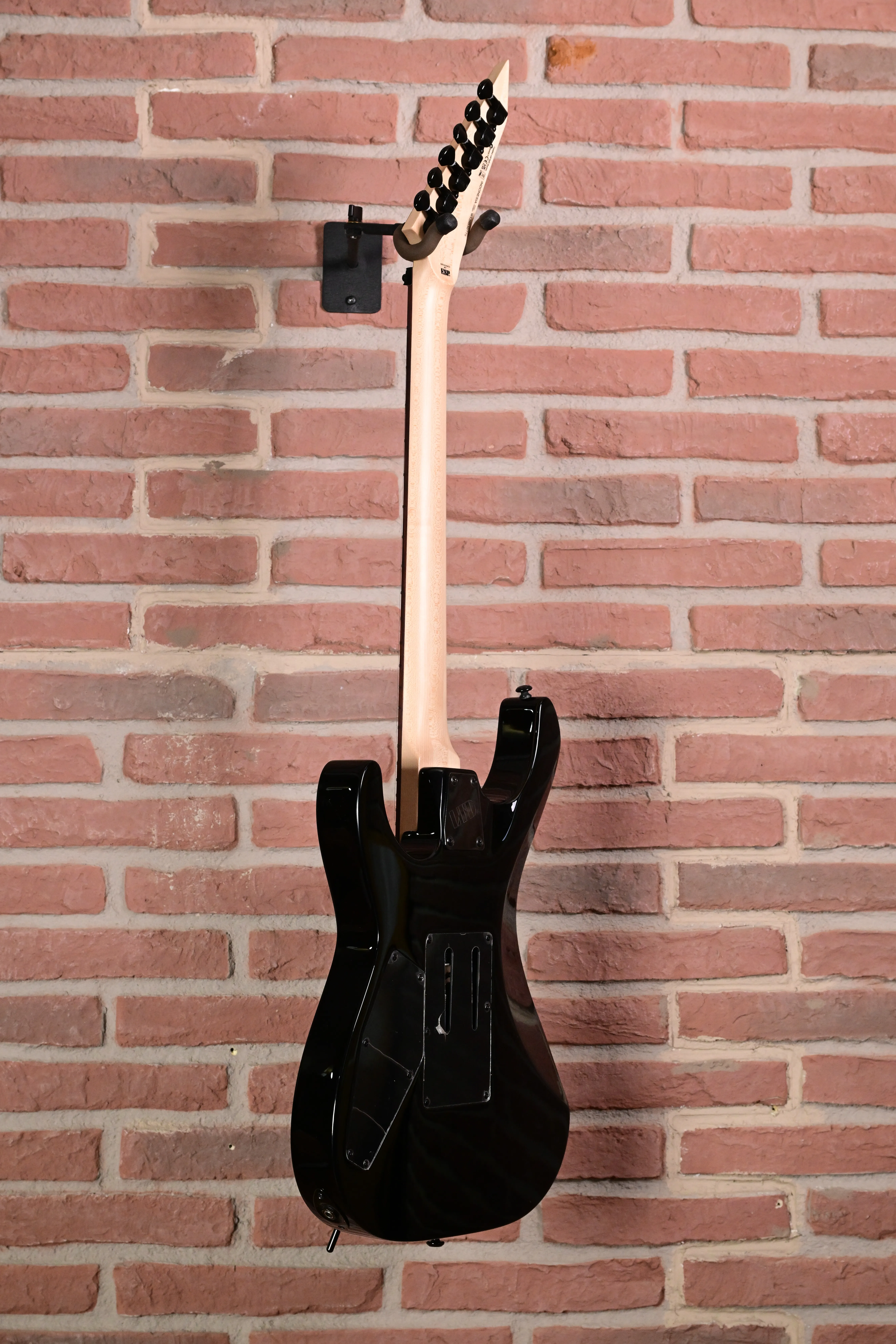 E-Gitarre, schwarzer Korpus, Ahornhals, sechs Saiten