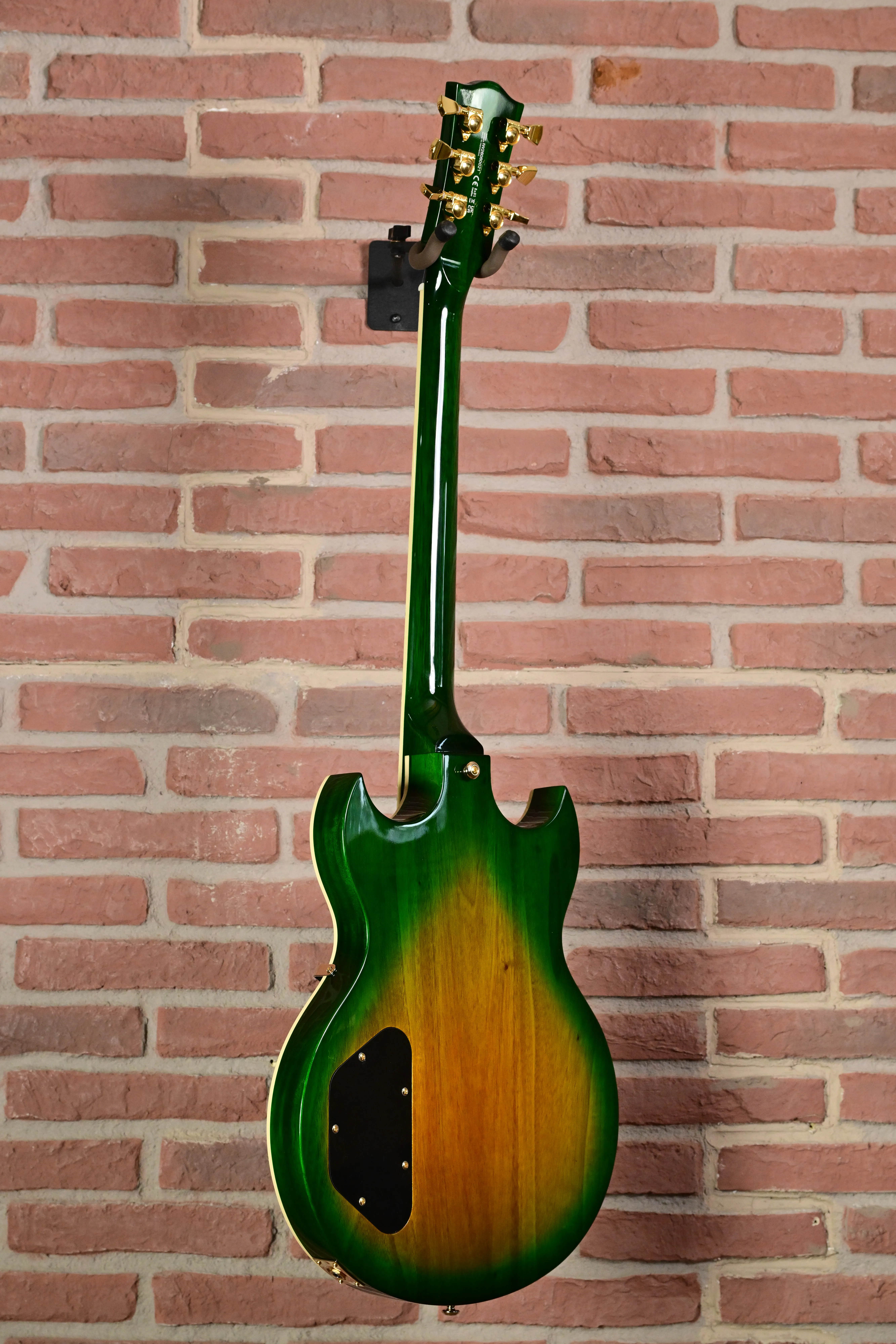 E-Gitarre, grünes Finish, Sunburst-Lackierung, goldene Mechaniken, Doppel-Cutaway