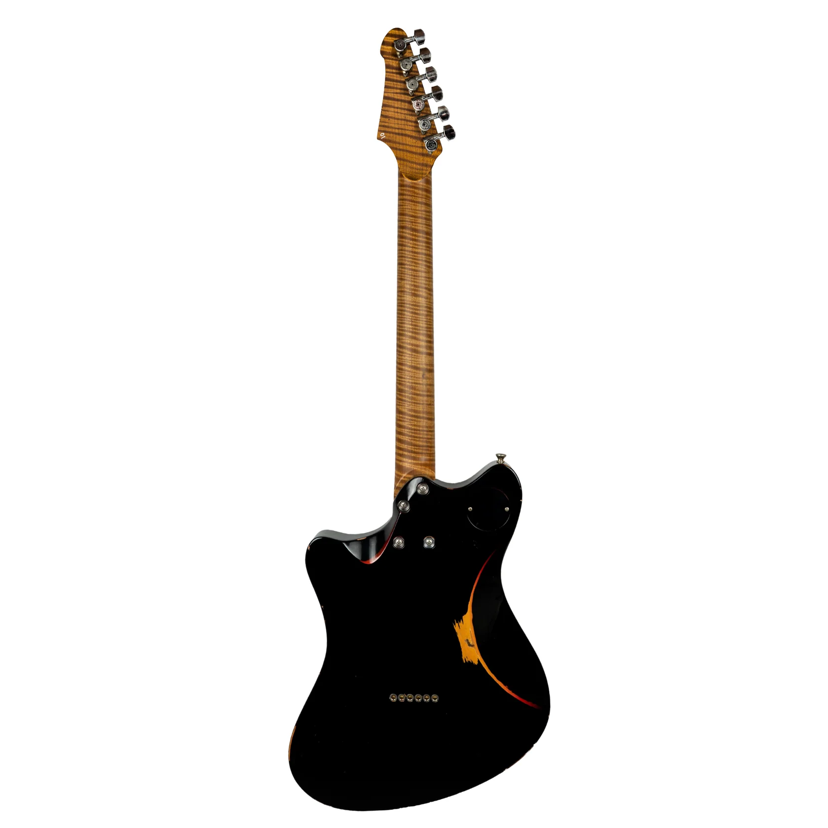 E-Gitarre, schwarzer Korpus, gemaserter Hals, sechs Saiten, Vintage-Finish