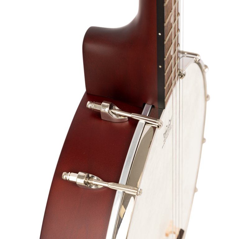 Banjo, Saiteninstrument, Rötlich-brauner Korpus, Metallbeschläge, Gitarrensaiten