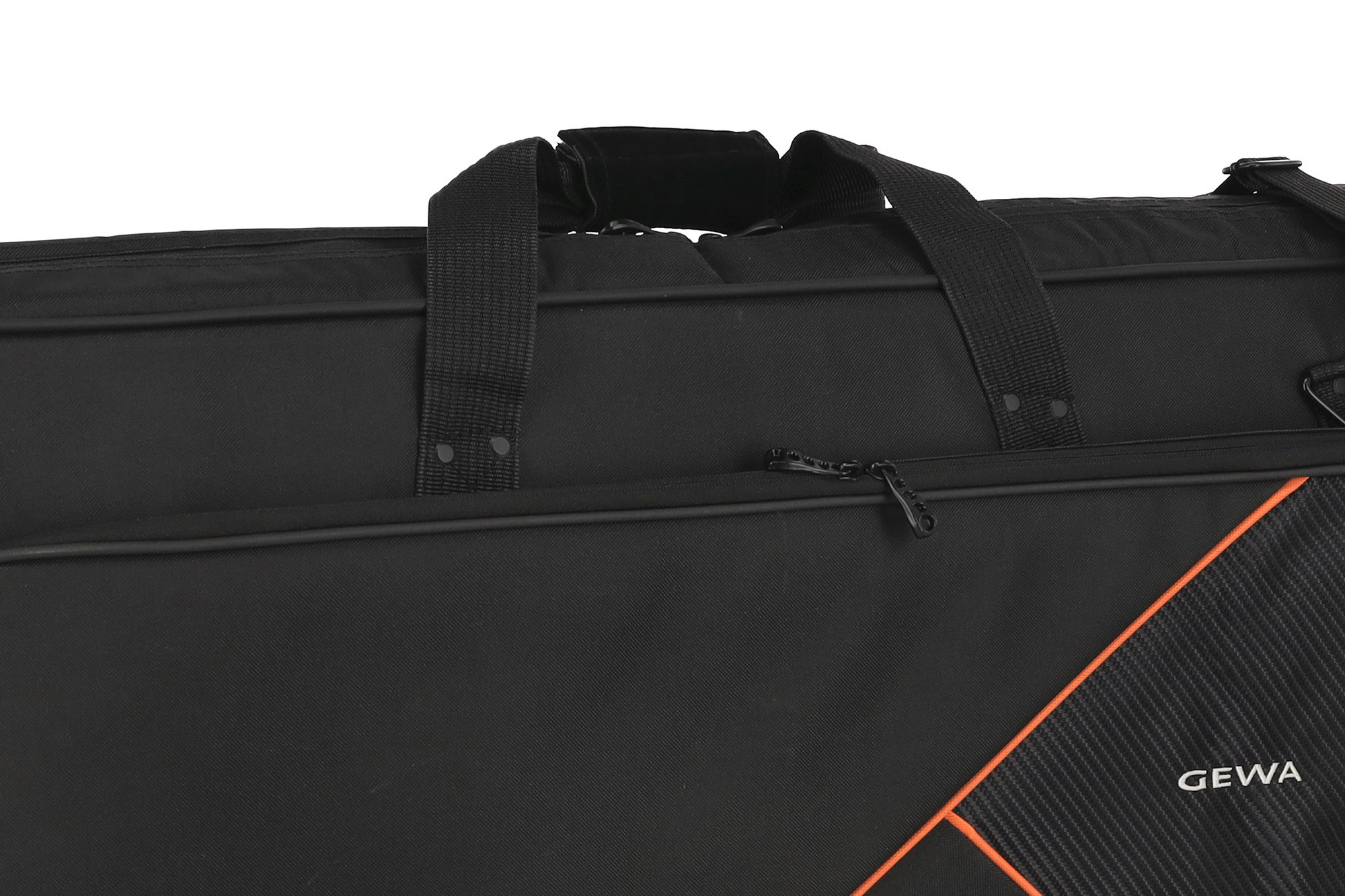 Instrumententasche, schwarz, Tragegriffe, Reißverschluss, orange Akzente