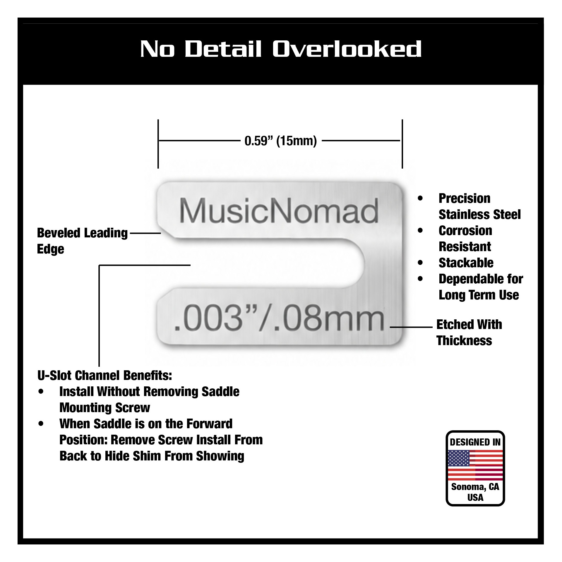 Gitarrensattel-Unterlage, Edelstahl, silberfarben, U-Schlitz, 0,08 mm dick