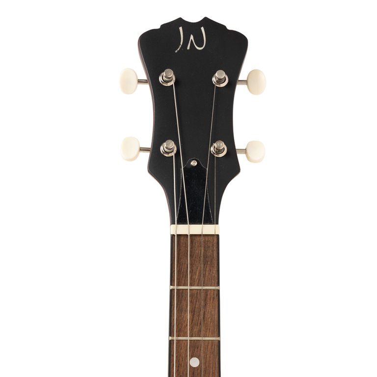 Ukulele, schwarzer Kopf, Holzhals, helle Wirbel, vier Saiten