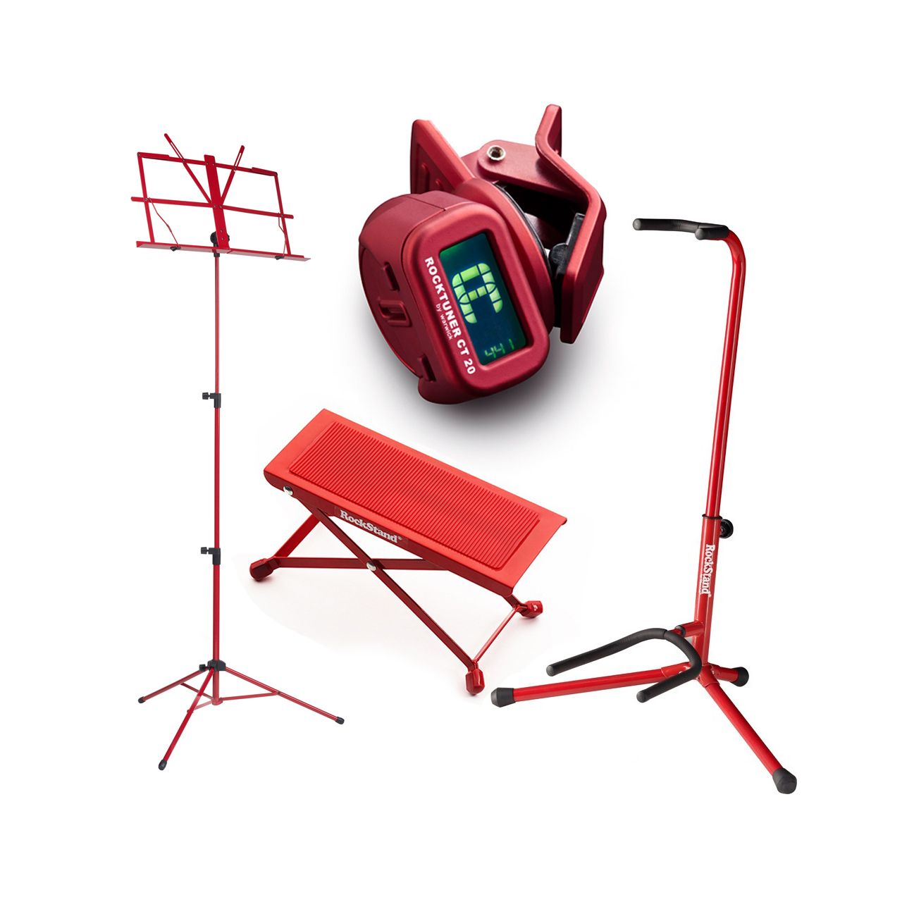 Einsteiger-Bundle 53: Fußbank + Notenständer + Gitarrenständer + Clip-On Tuner / rot/ blau