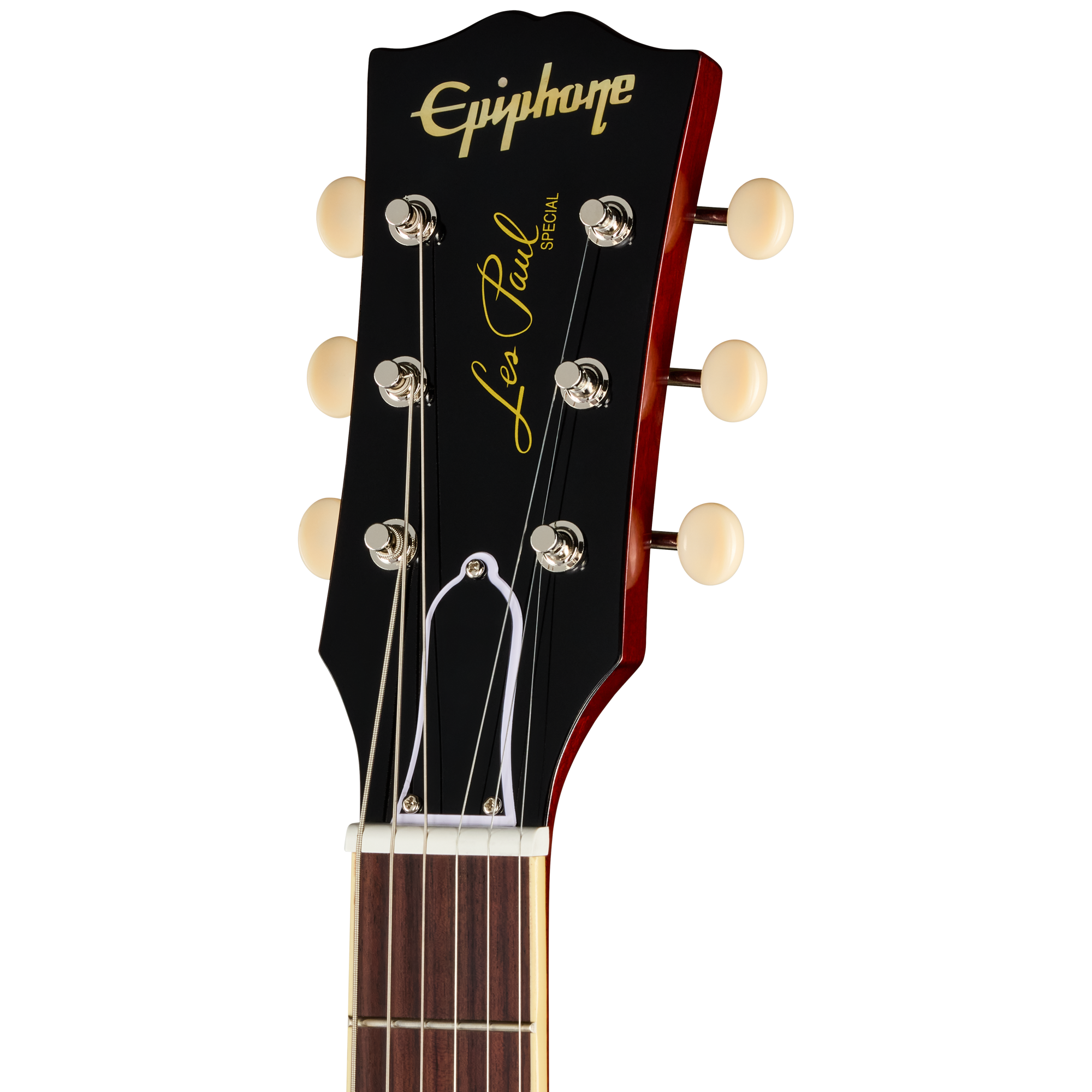 Gitarrenkopf, schwarzes Finish, rote Seiten, sechs Saiten, Stimmmechaniken