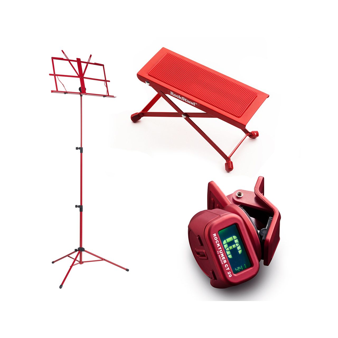 Einsteiger-Bundle 38: Fußbank + Notenständer + Clip-On Tuner / rot/ blau