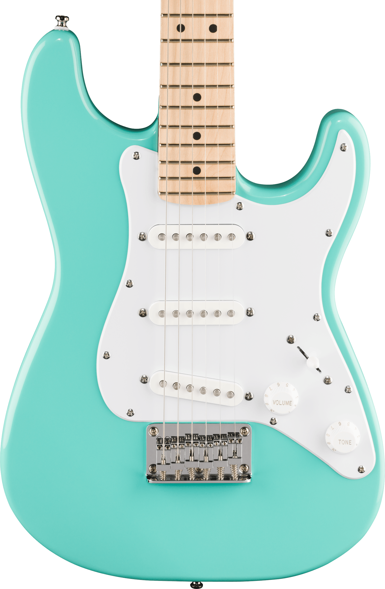 E-Gitarre, türkiser Korpus, weißer Schlagbrett, Ahornhals, drei Single-Coil-Tonabnehmer