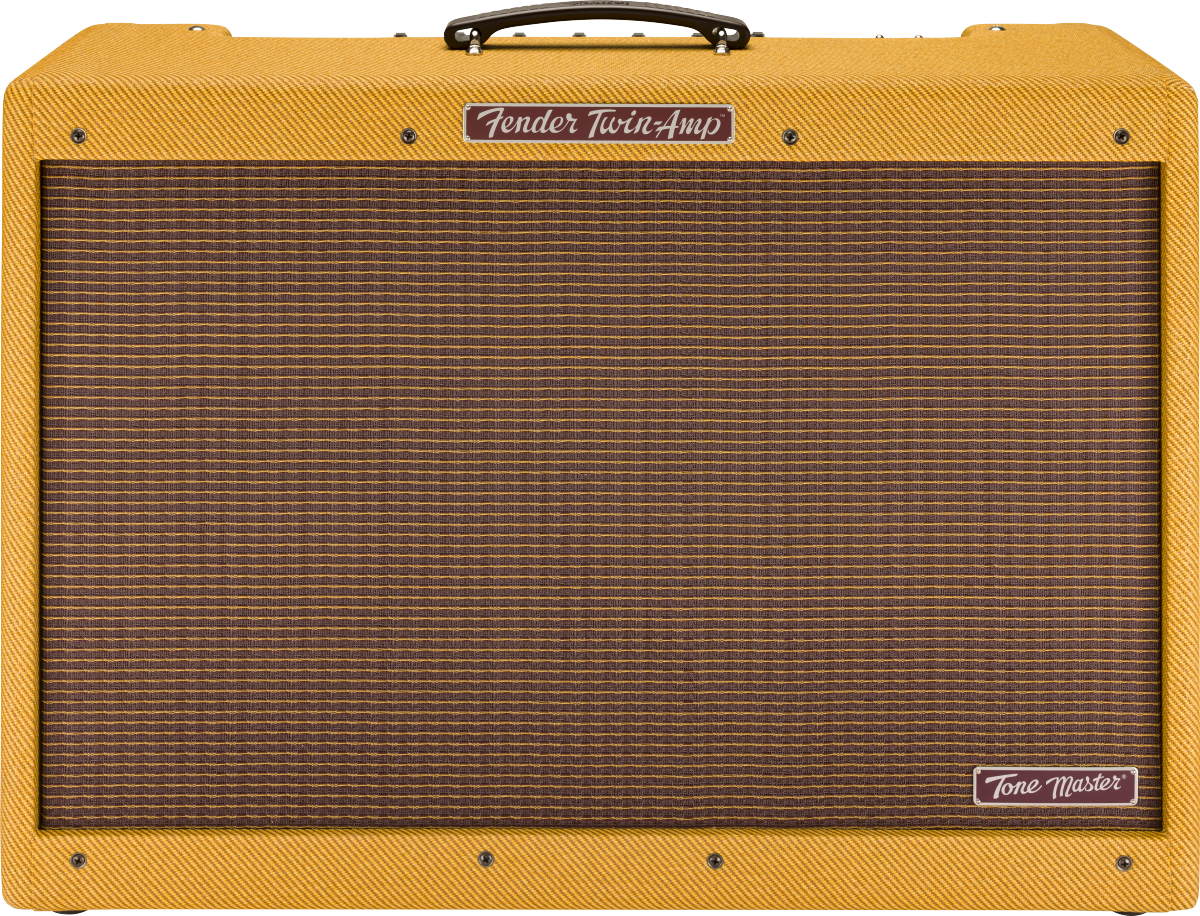 Gitarrenverstärker, gelber Stoffbezug, brauner Lautsprechergrill, Tragegriff, Fender Twin-Amp
