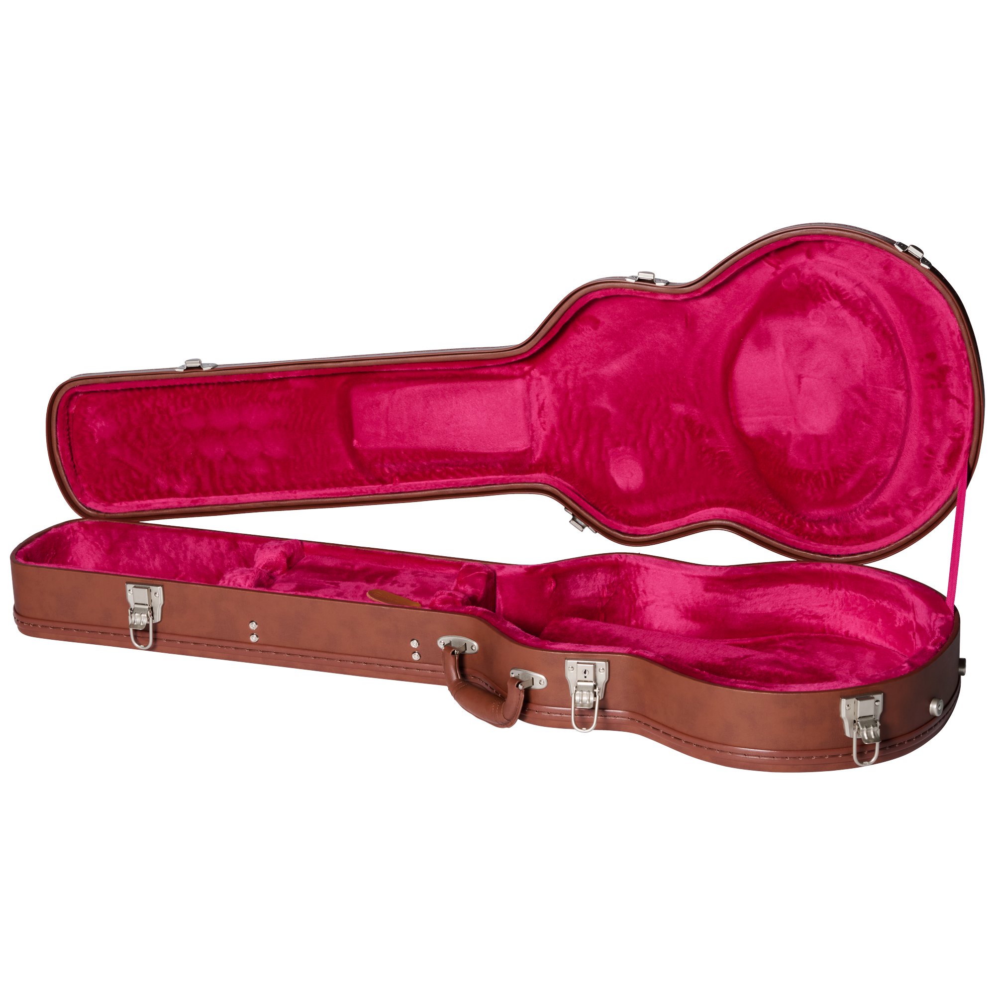 Gitarrenkoffer, braunes Hartschalenetui, rotes Plüschfutter, Metallverschlüsse