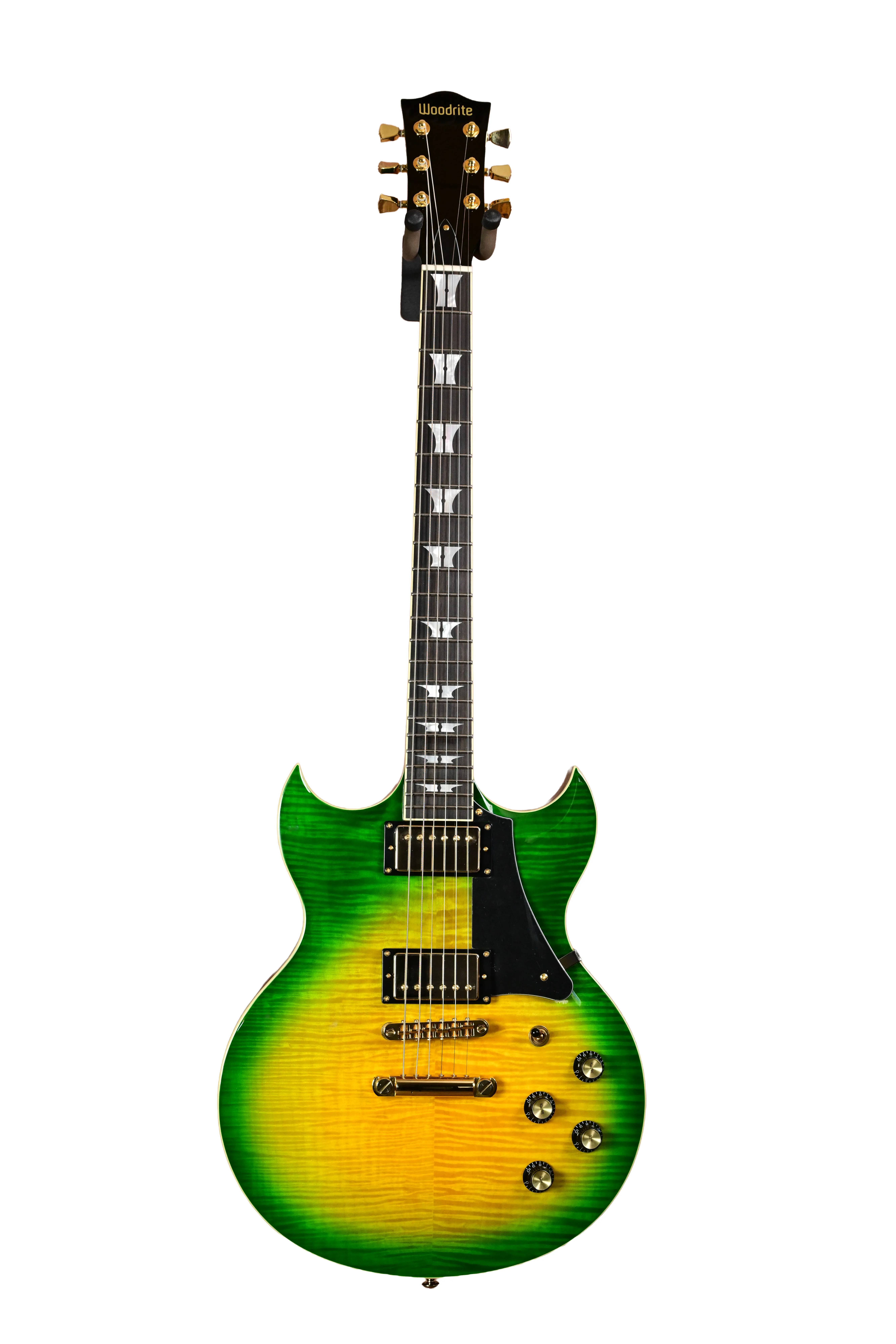 E-Gitarre, Massivholzkorpus, Grün-gelber Farbverlauf, Flammenahorn-Decke, Doppel-Humbucker