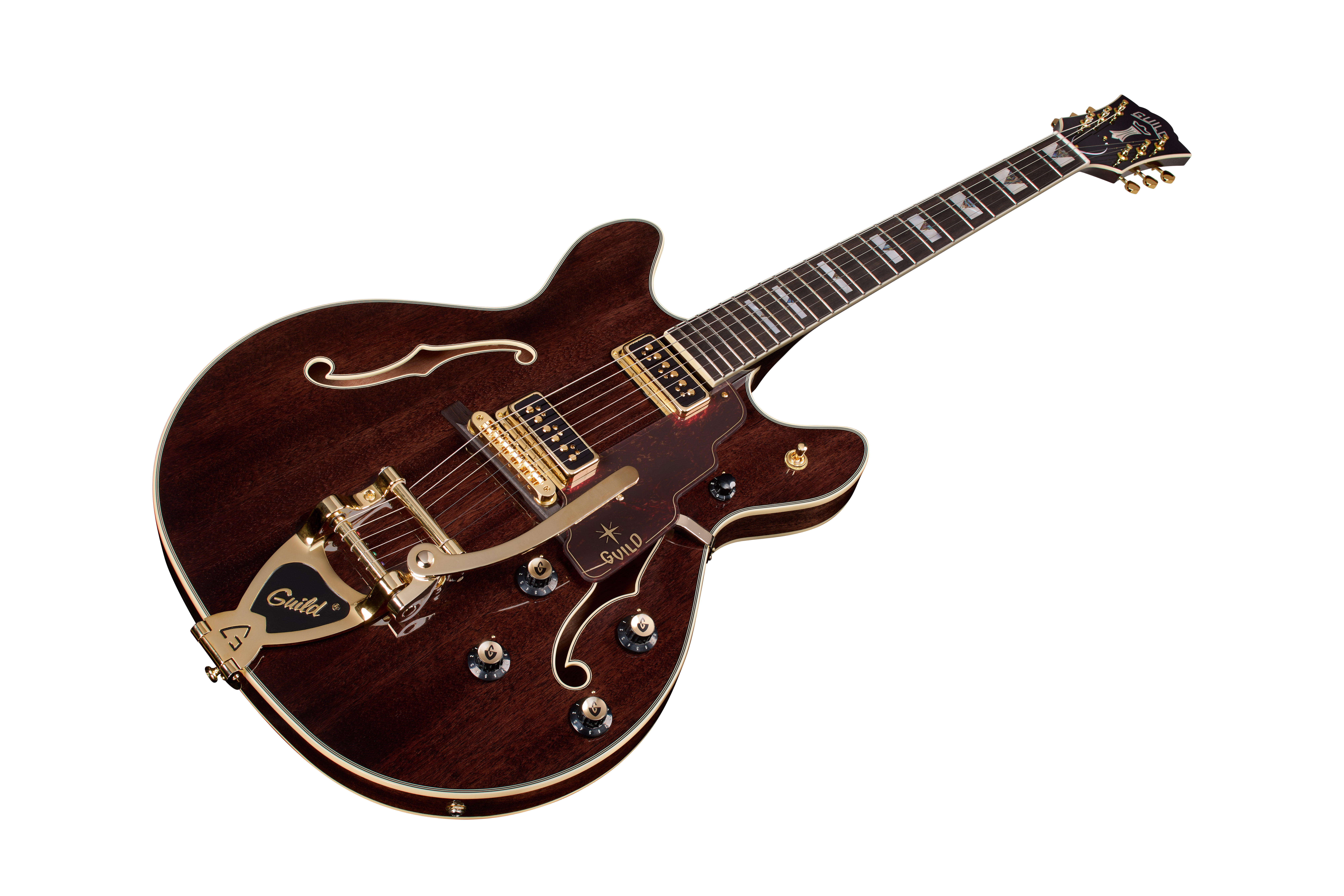E-Gitarre, halbakustisch, dunkelbraun, Holzkorpus, Goldhardware