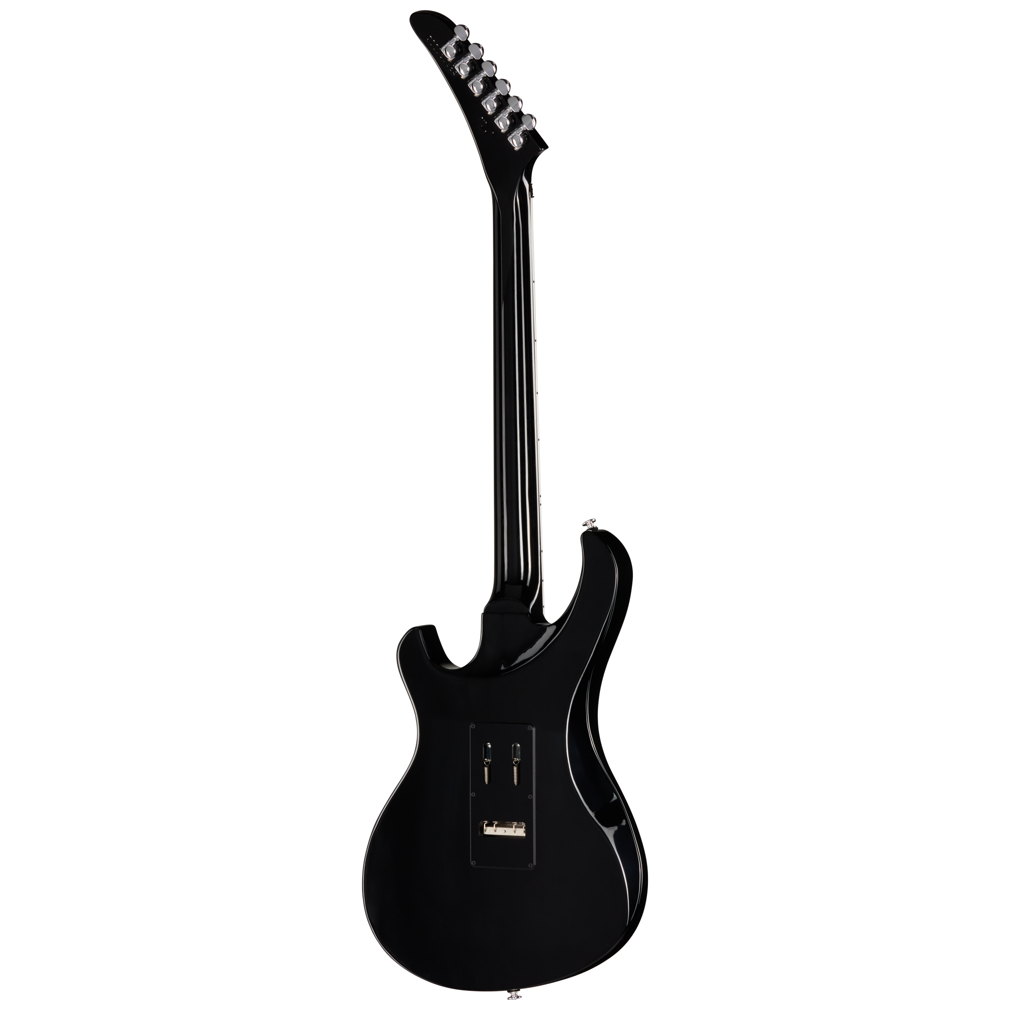 E-Gitarre, schwarzer Korpus, glänzende Lackierung, sechssaitig, spitze Kopfplatte