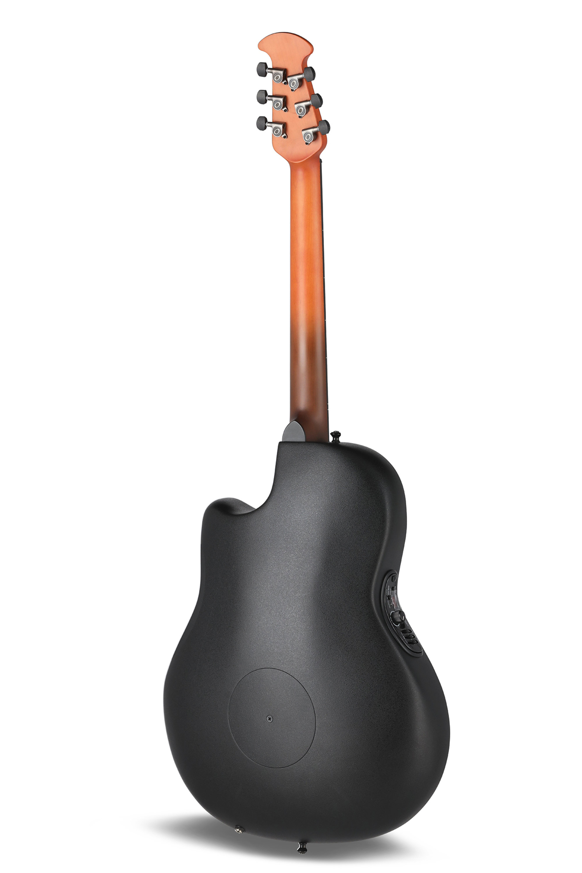 Akustikgitarre, schwarzer Korpus, brauner Hals, sechs Saiten, Tonabnehmer