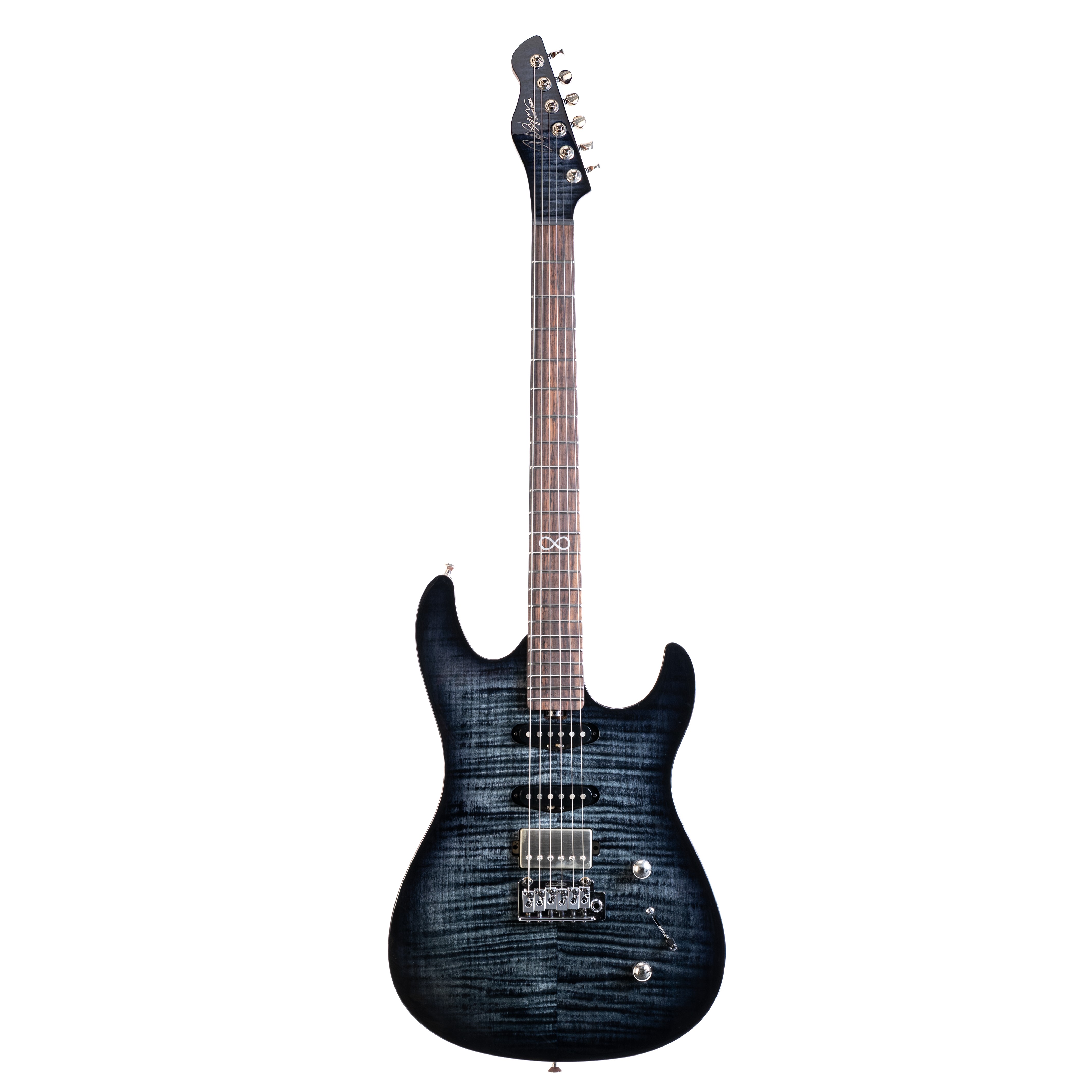 E-Gitarre, sechssaitig, blauschwarz, Flamed-Maple-Decke, Humbucker-Tonabnehmer