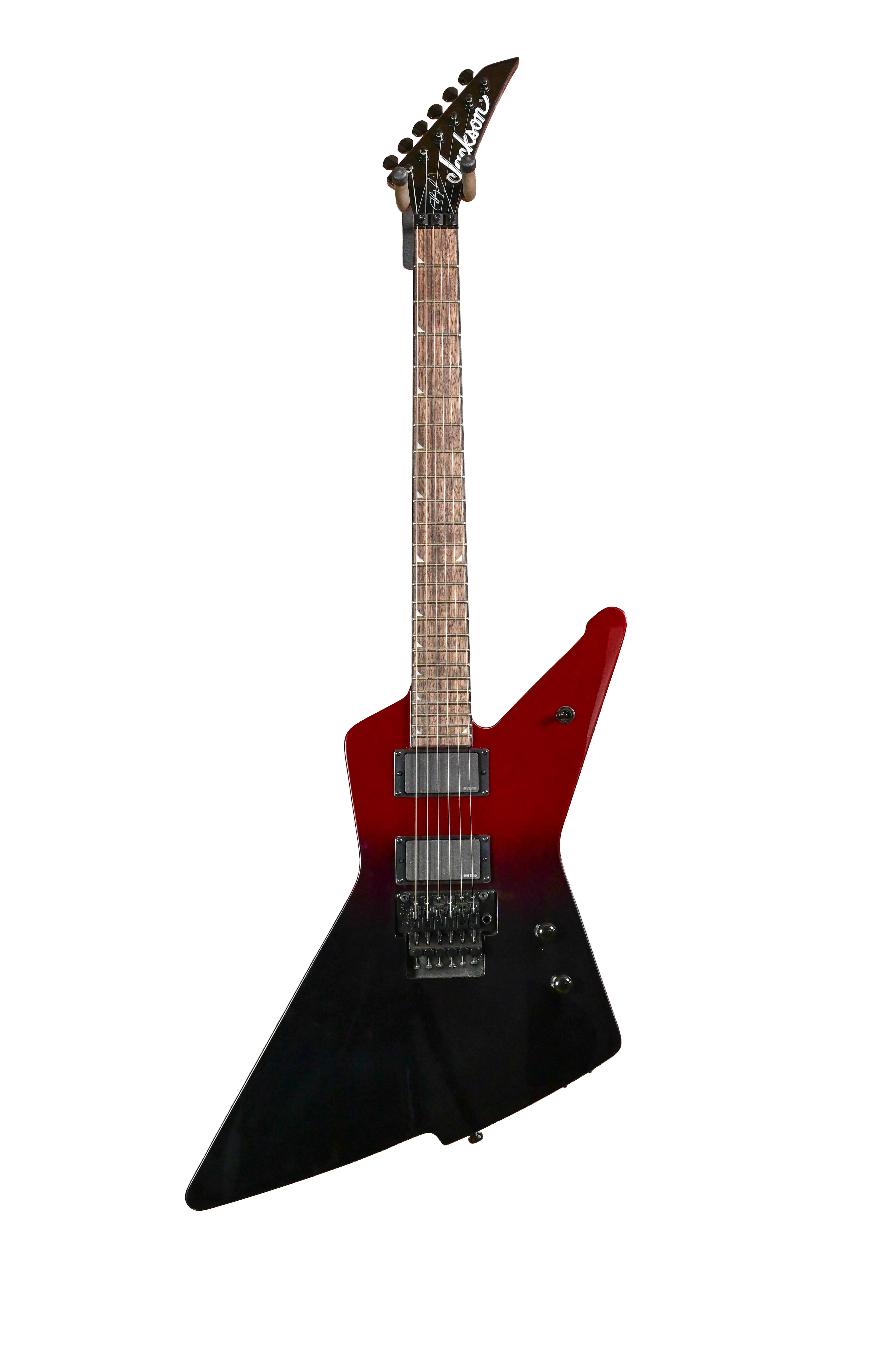 E-Gitarre, Explorer-Korpus, Rot-Schwarz, Doppelspulen-Tonabnehmer, Tremolo-Brücke