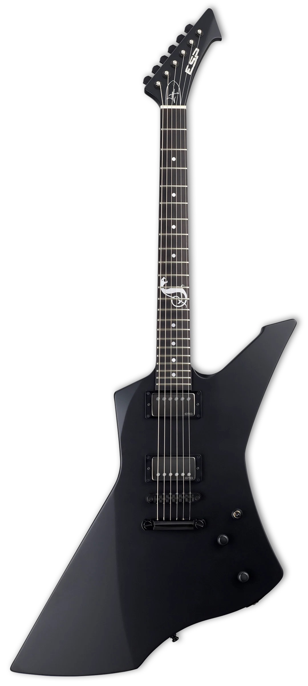 E-Gitarre, schwarzer Korpus, Explorer-Form, zwei Humbucker, Punktmarkierungen