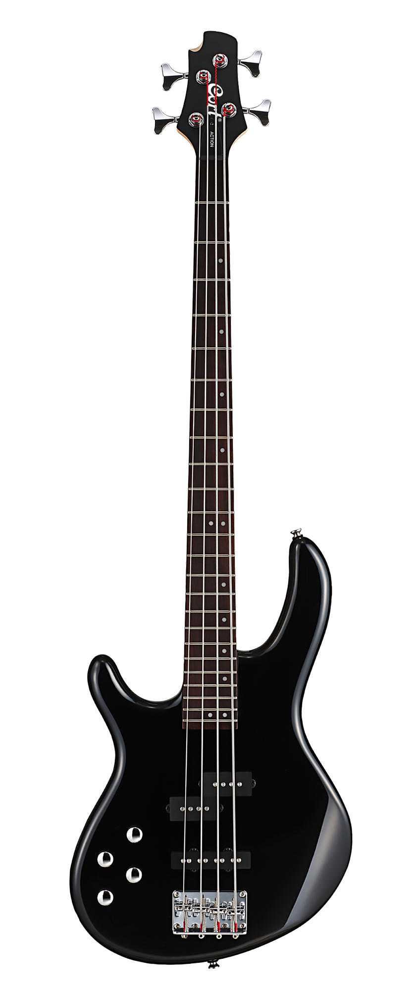 E-Bass, schwarzer Korpus, Viersaiter, Griffbrett aus Palisander, Doppelspulen-Tonabnehmer