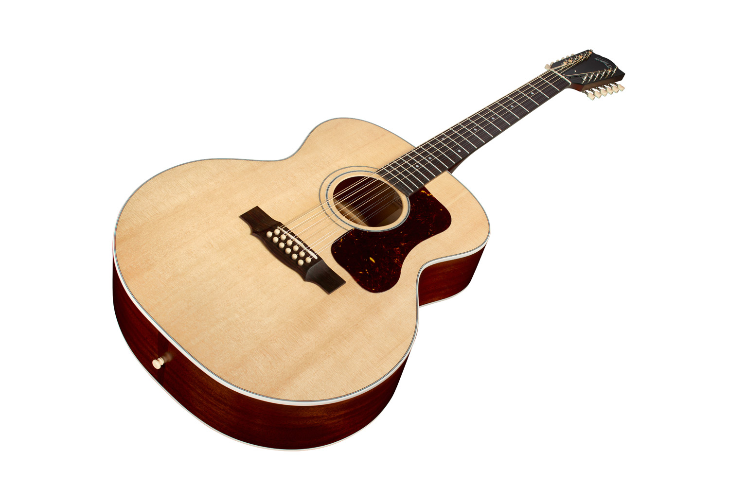12-saitige Akustikgitarre, Dreadnought-Korpus, helle Holzdecke, dunkle Zargen, Tropfen-Schlagbrett