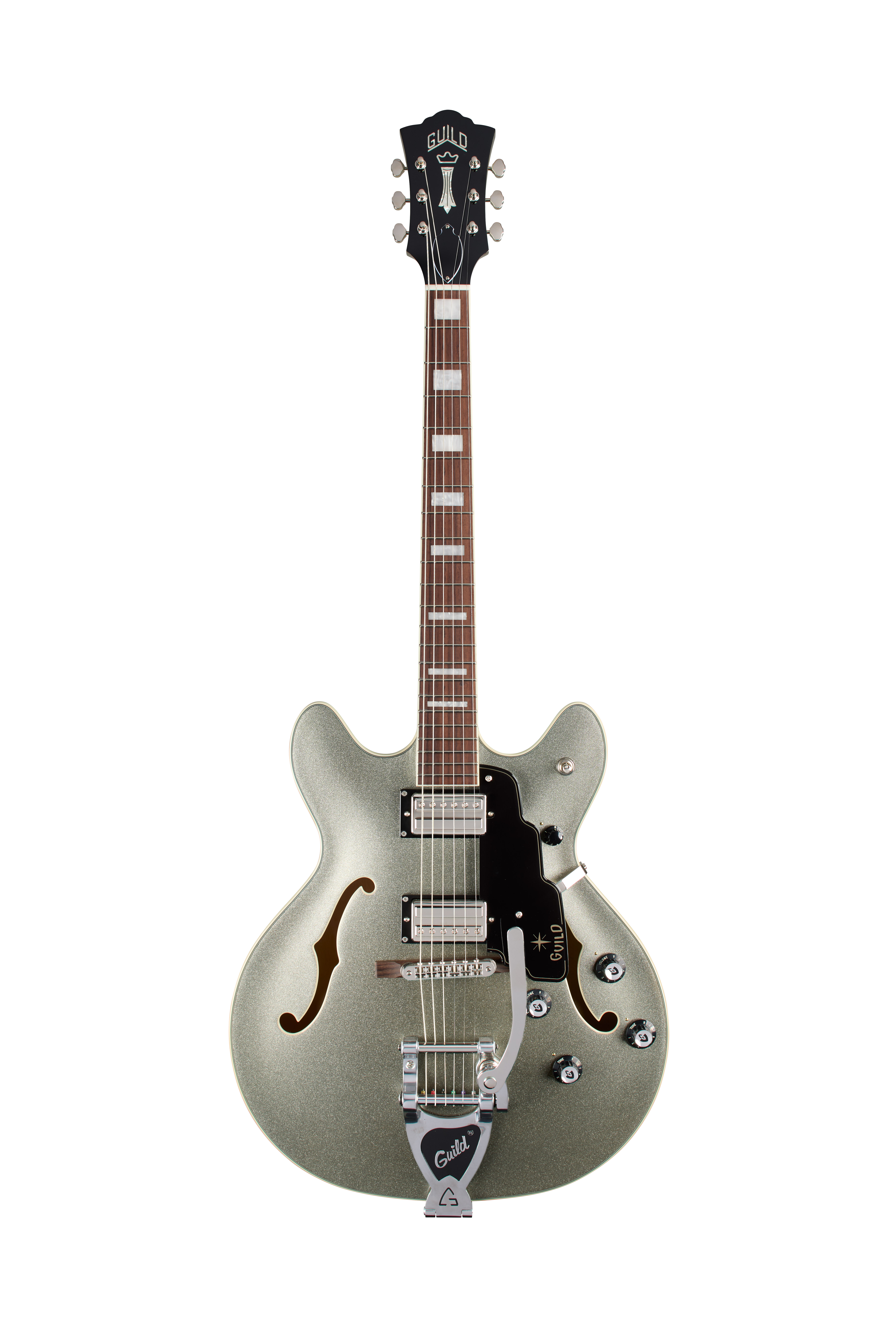 elektrische Gitarre, Hollowbody, silberfarben, Doppelspulen-Tonabnehmer, Bigsby-Tremolo