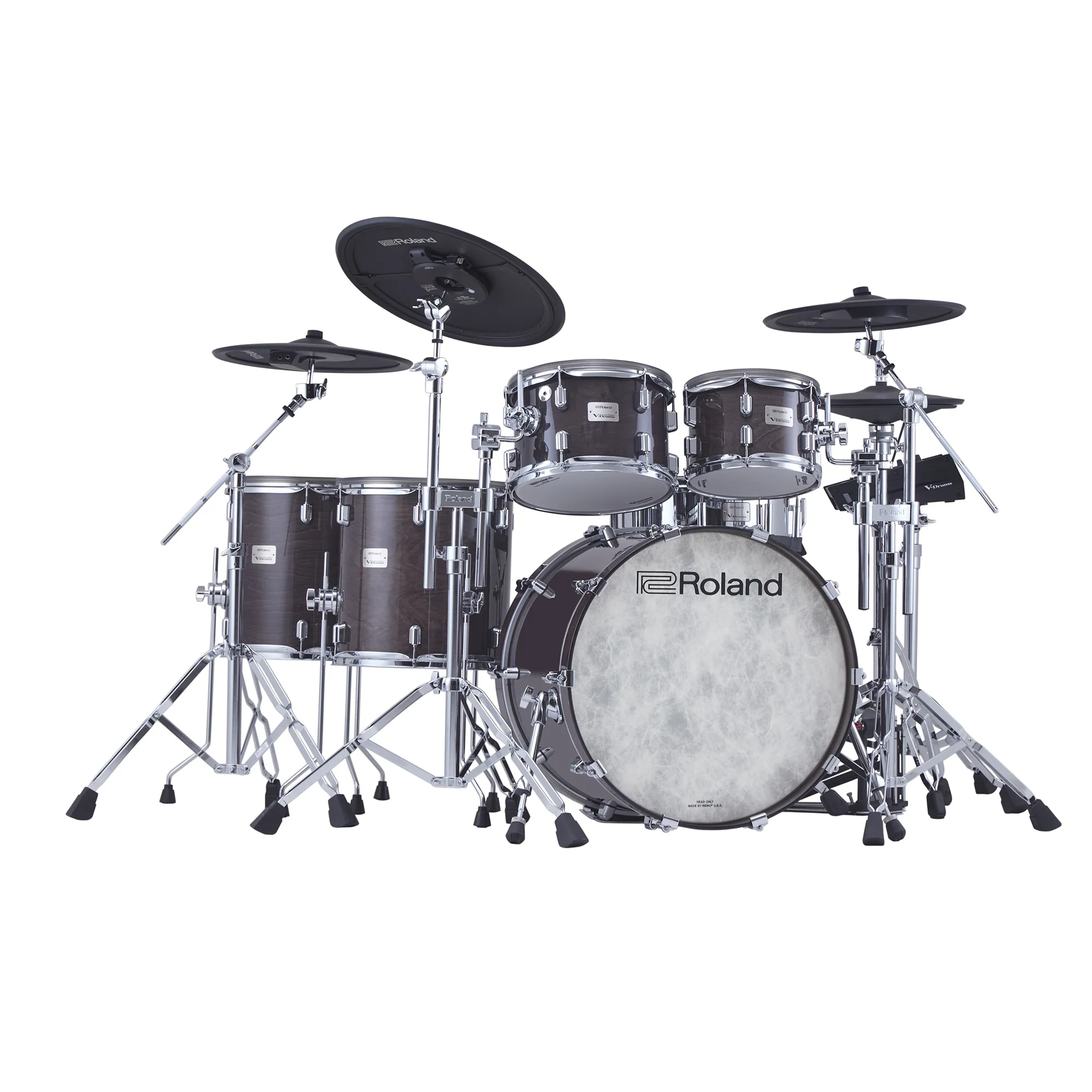 Roland VAD716 V-Drums Acoustic Design – Komplettansicht des sechsteiligen E-Drum-Sets in Gloss Ebony mit Full-Size-Holzkesseln