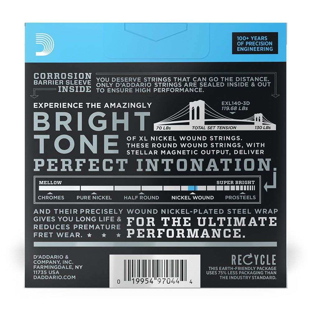 EXL140-3D Nickel Wound Electric Guitar Strings, Light Top/Heavy Bottom, 10-52, 3 sets