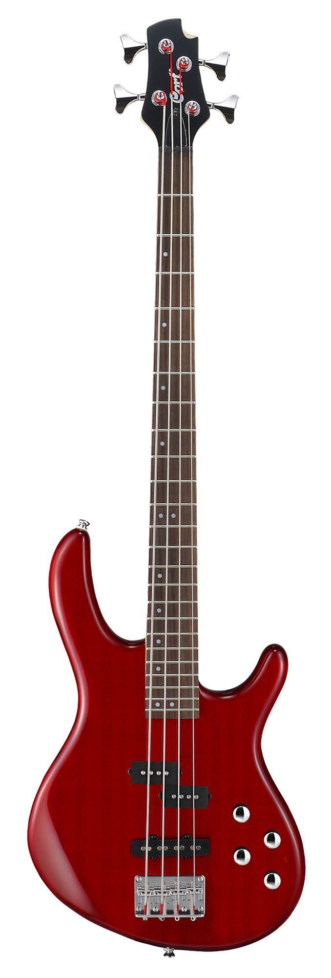 E-Bass, roter Korpus, 4-Saiter, Mahagonikorpus, dunkles Griffbrett