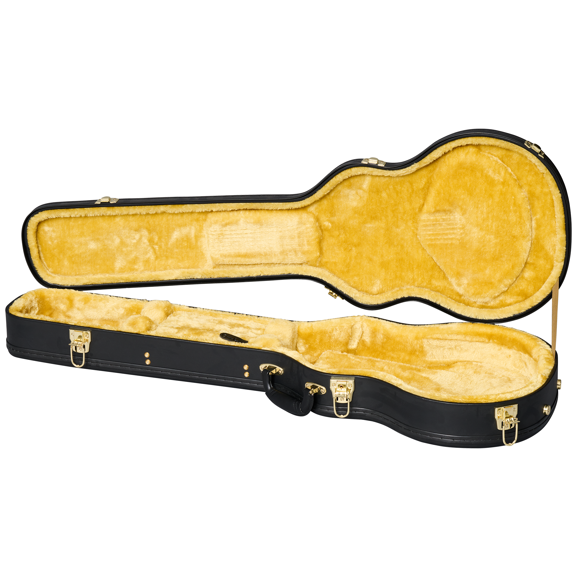 Gitarrenkoffer, schwarzes Hartschalenetui, gelbes Plüschfutter, goldene Verschlüsse, E-Gitarrenform