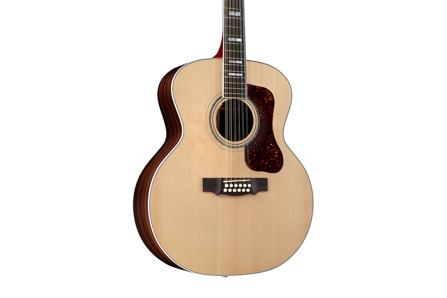 Akustikgitarre, 12-saitig, Naturholzdecke, dunkle Zargen, Schlagbrett