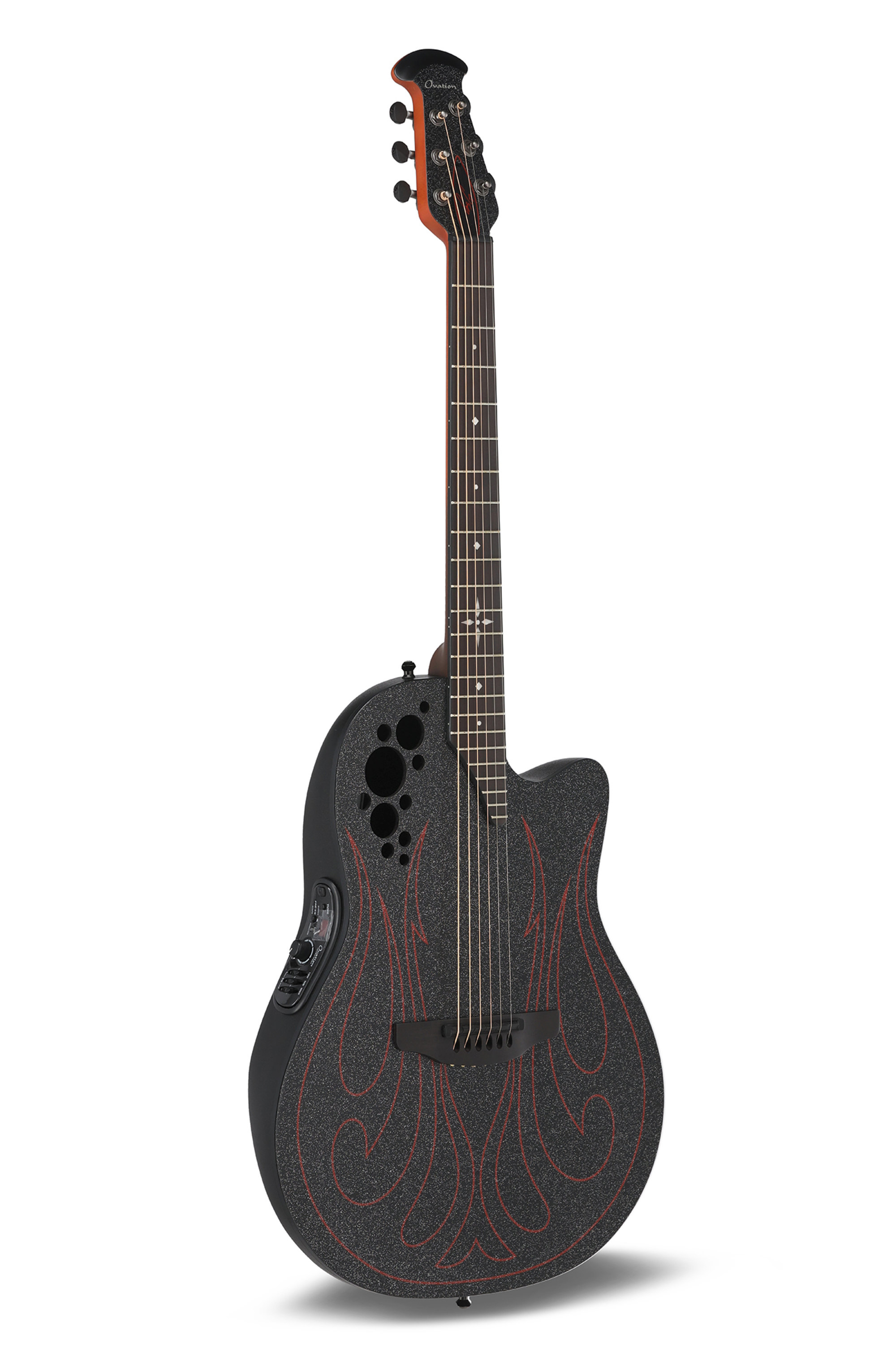 Elektroakustikgitarre, schwarzer Korpus, Pinstripe-Muster, integrierter Vorverstärker, mehrere Schalllöcher