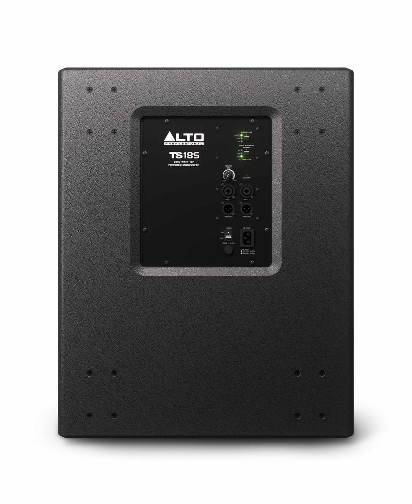 Aktiver Subwoofer, Lautsprecherbox, Schwarzes Gehäuse, Bedienfeld, XLR-Anschlüsse