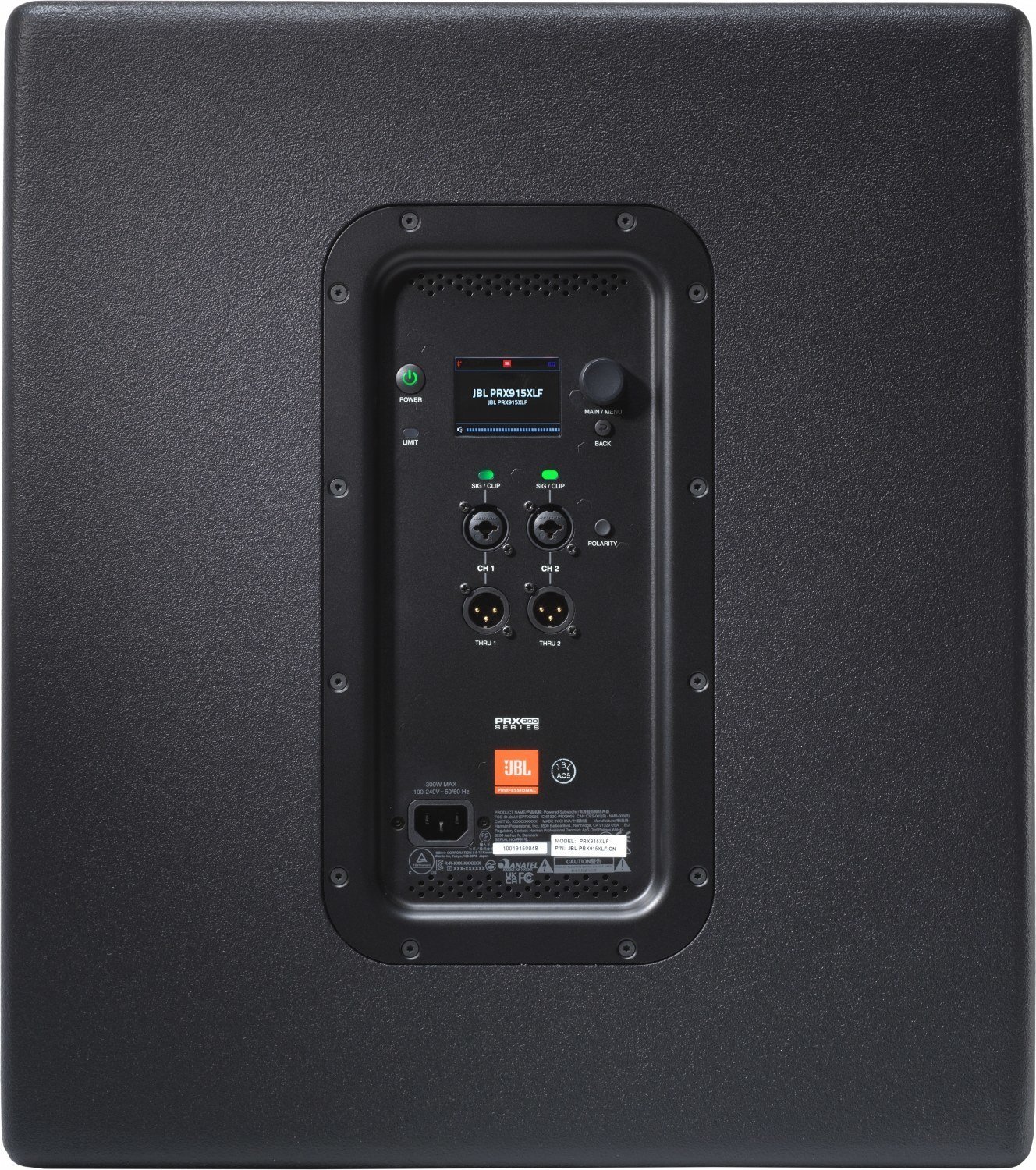 JBL PRX915XLF Rückseite mit Anschlüssen – XLR-Input/Output, 3,5 mm Klinke und Steuerungsmöglichkeiten