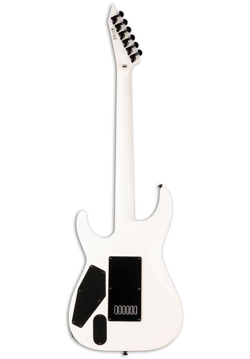 E-Gitarre, weißer Korpus, schwarze Hardware, sechs Saiten