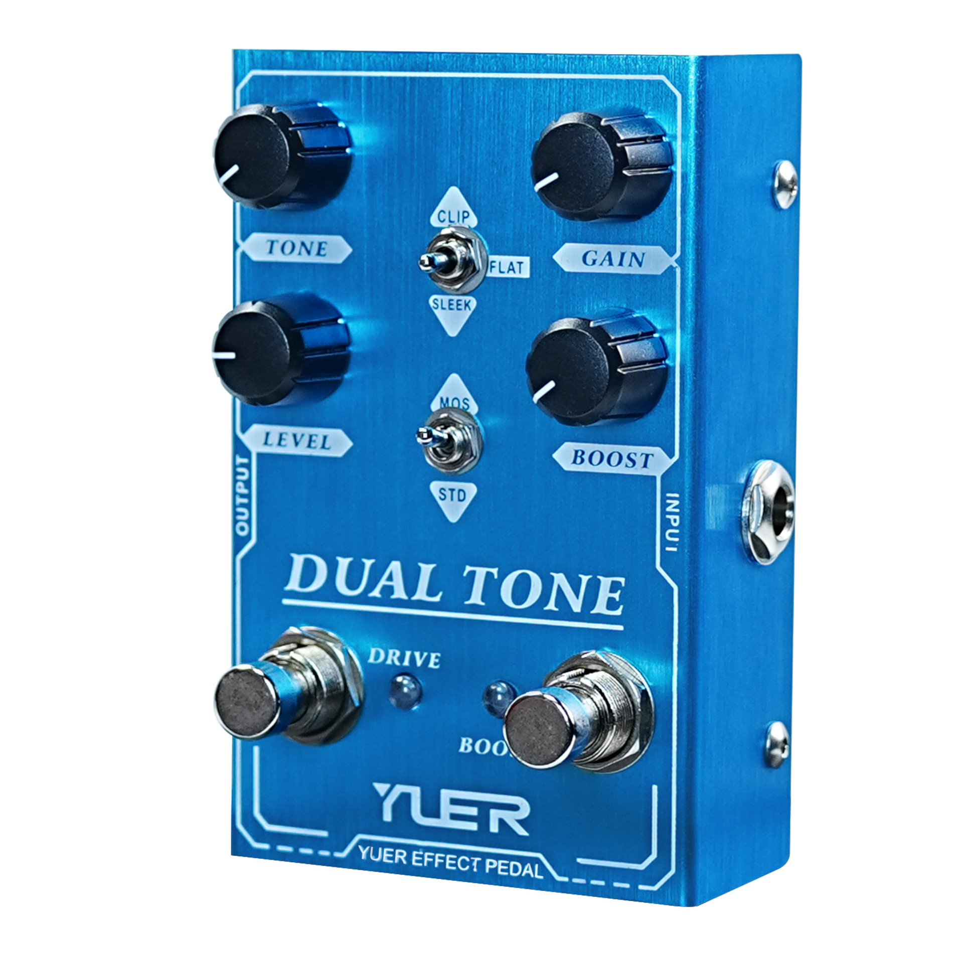Gitarreneffektpedal, Overdrive-Pedal, blaues Metallgehäuse, Drive und Boost, Drehregler