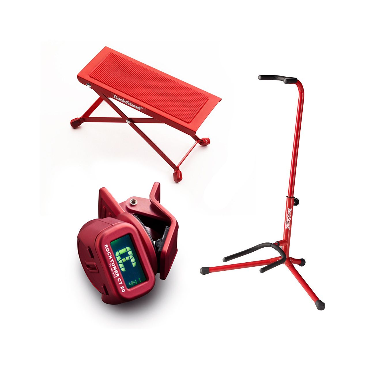 Einsteiger-Bundle 29: Fußbank + Gitarrenständer + Clip-On Tuner / rot