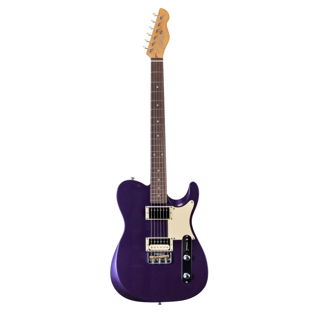 E-Gitarre, violetter Korpus, cremefarbenes Schlagbrett, Humbucker-Tonabnehmer, massiver Korpus
