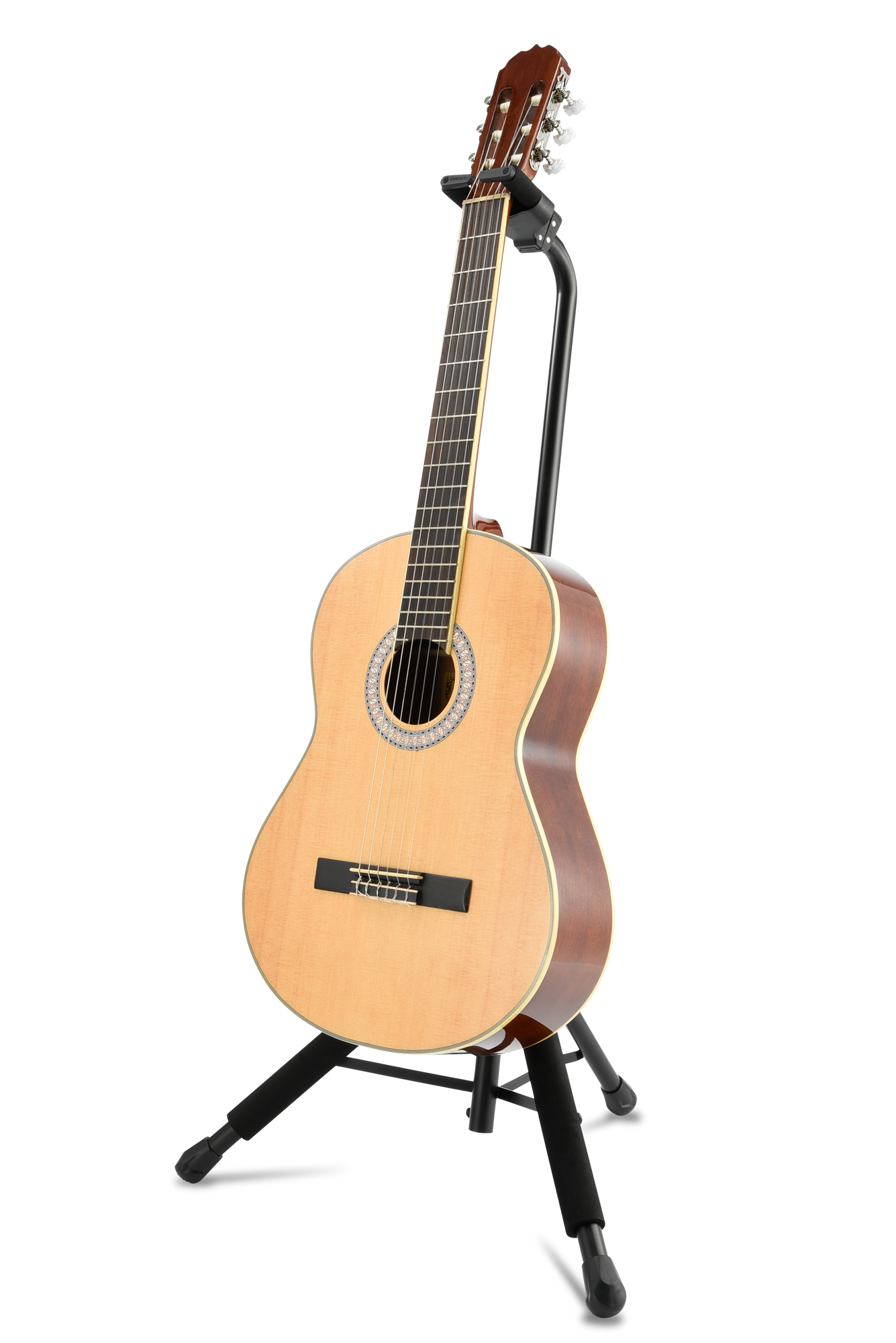 Konzertgitarre, Nylonsaiten, Holzkorpus, Naturholzfarben, Gitarrenständer