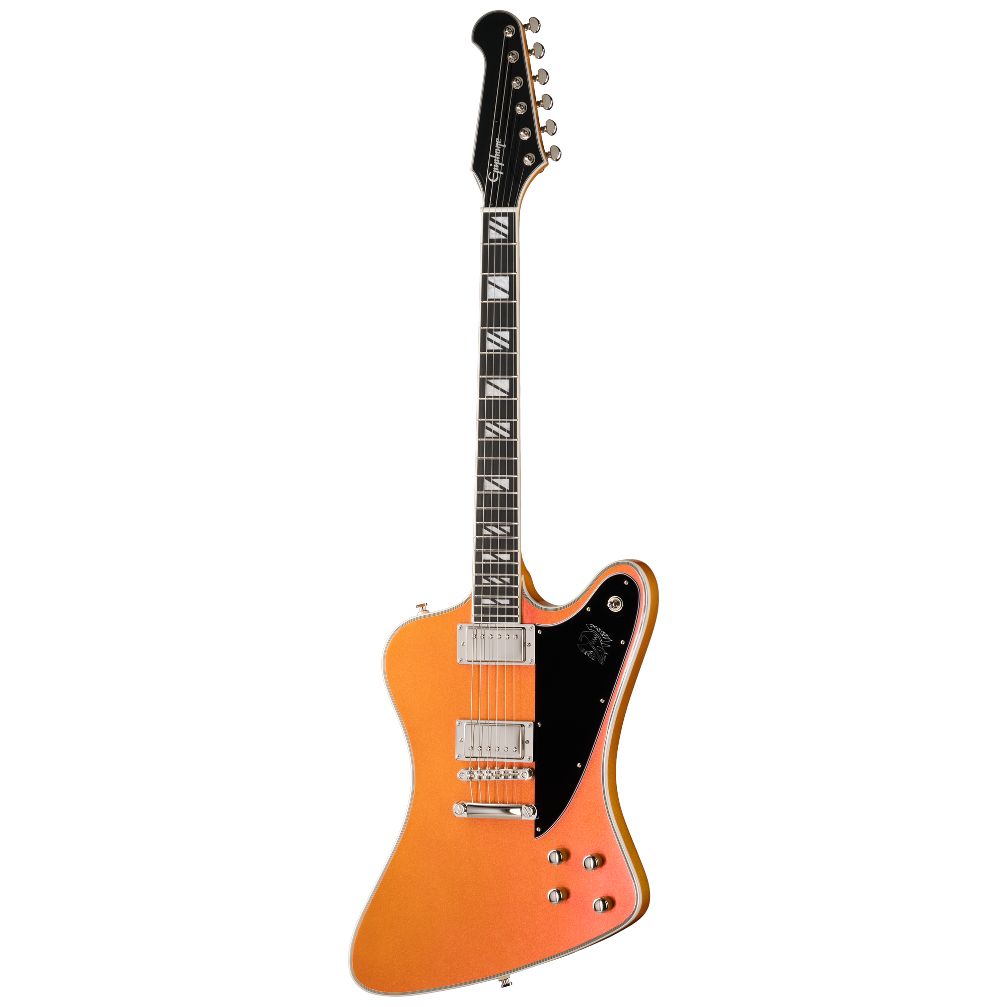 E-Gitarre, orange, Massivkorpus, Doppelspulen-Tonabnehmer, schwarzes Schlagbrett