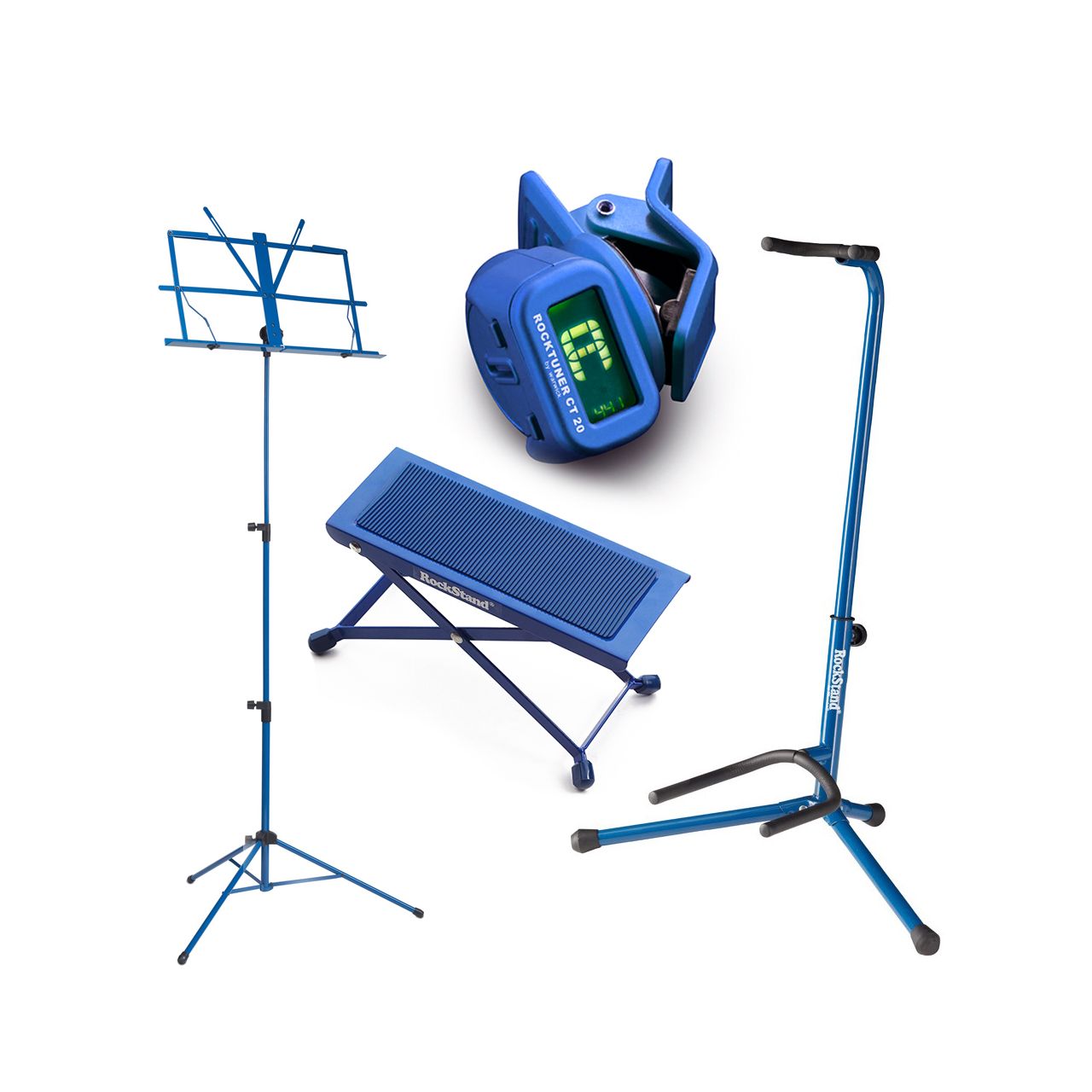 Einsteiger-Bundle 52: Fußbank + Notenständer + Gitarrenständer + Clip-On Tuner / blau