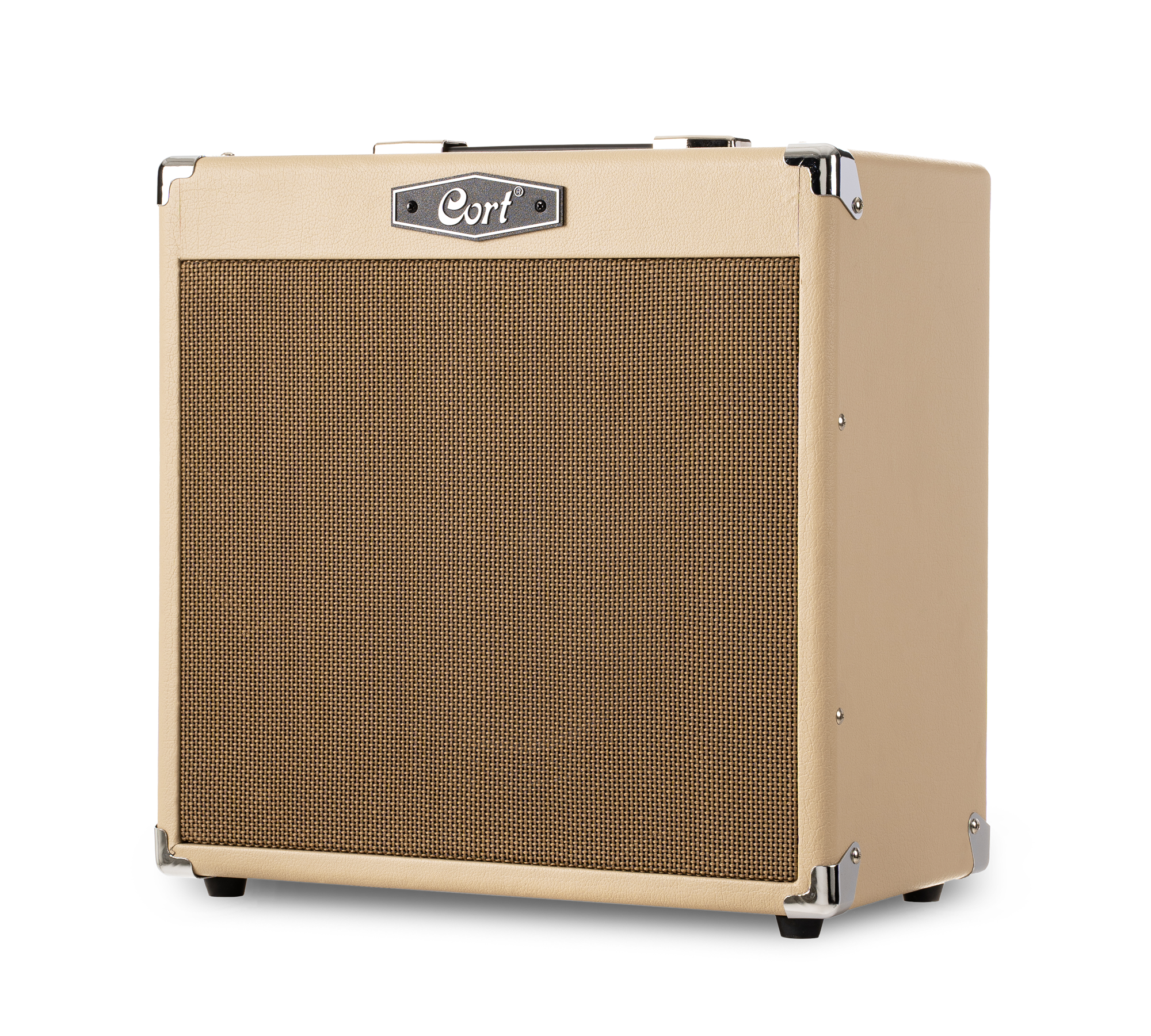 Gitarrenverstärker, beige Gehäuse, Lautsprecherbespannung, Vintage-Stil, Eckenschutz aus Metall