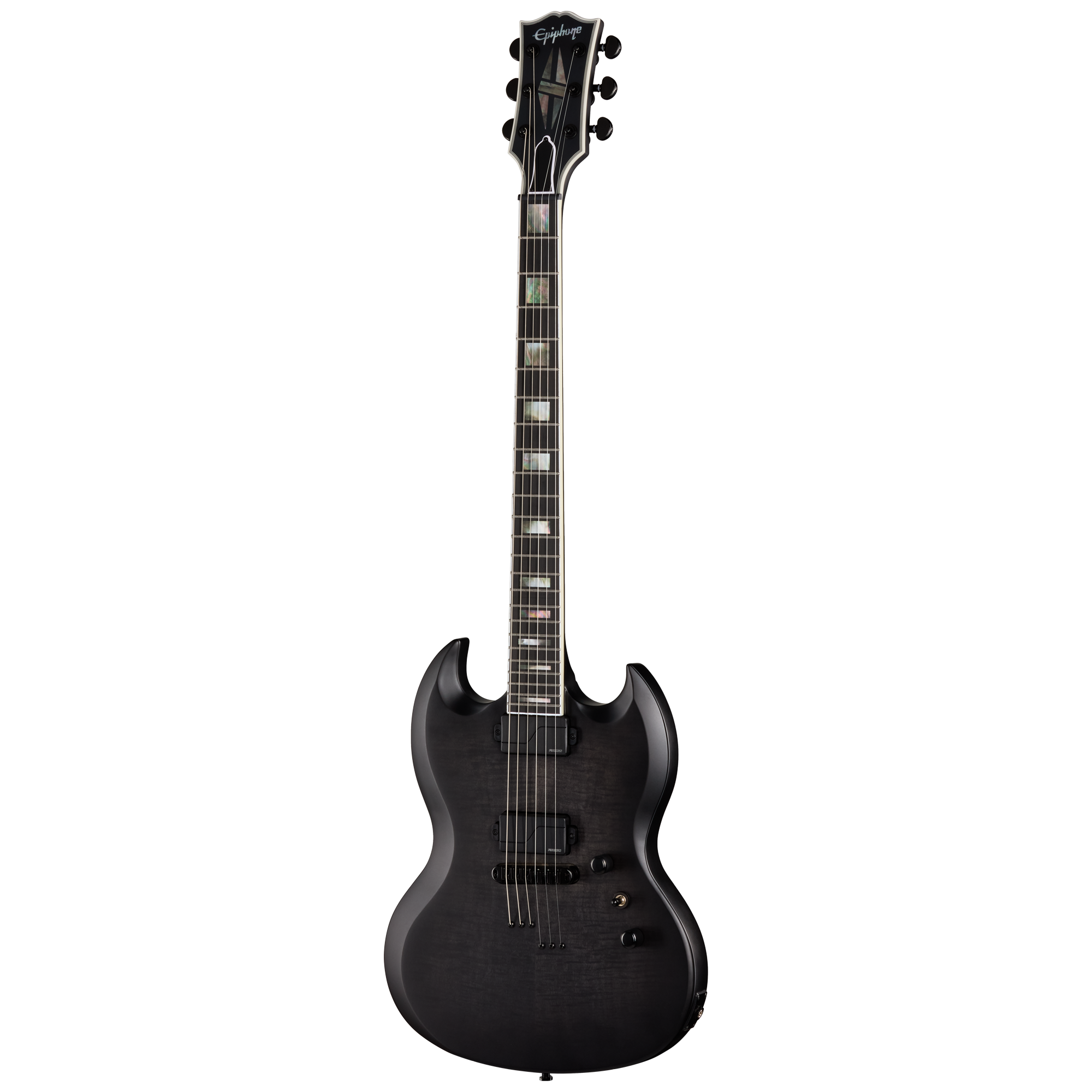 E-Gitarre, schwarzer Korpus, Doppel-Cutaway, Humbucker, Perlmutt-Inlays