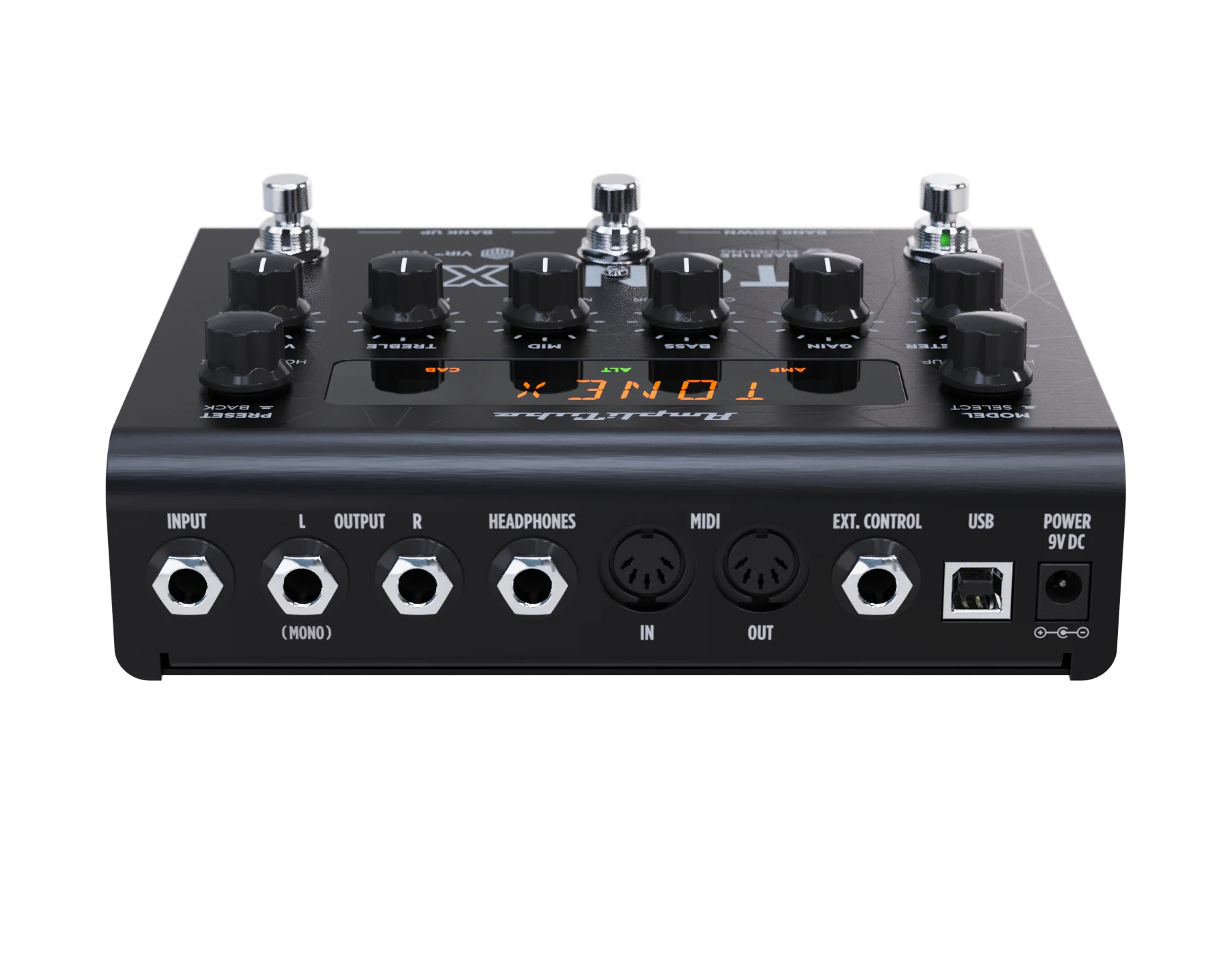 Rückseite der TONEX Pedal mit Anschlüssen für Stereo Out, MIDI und USB