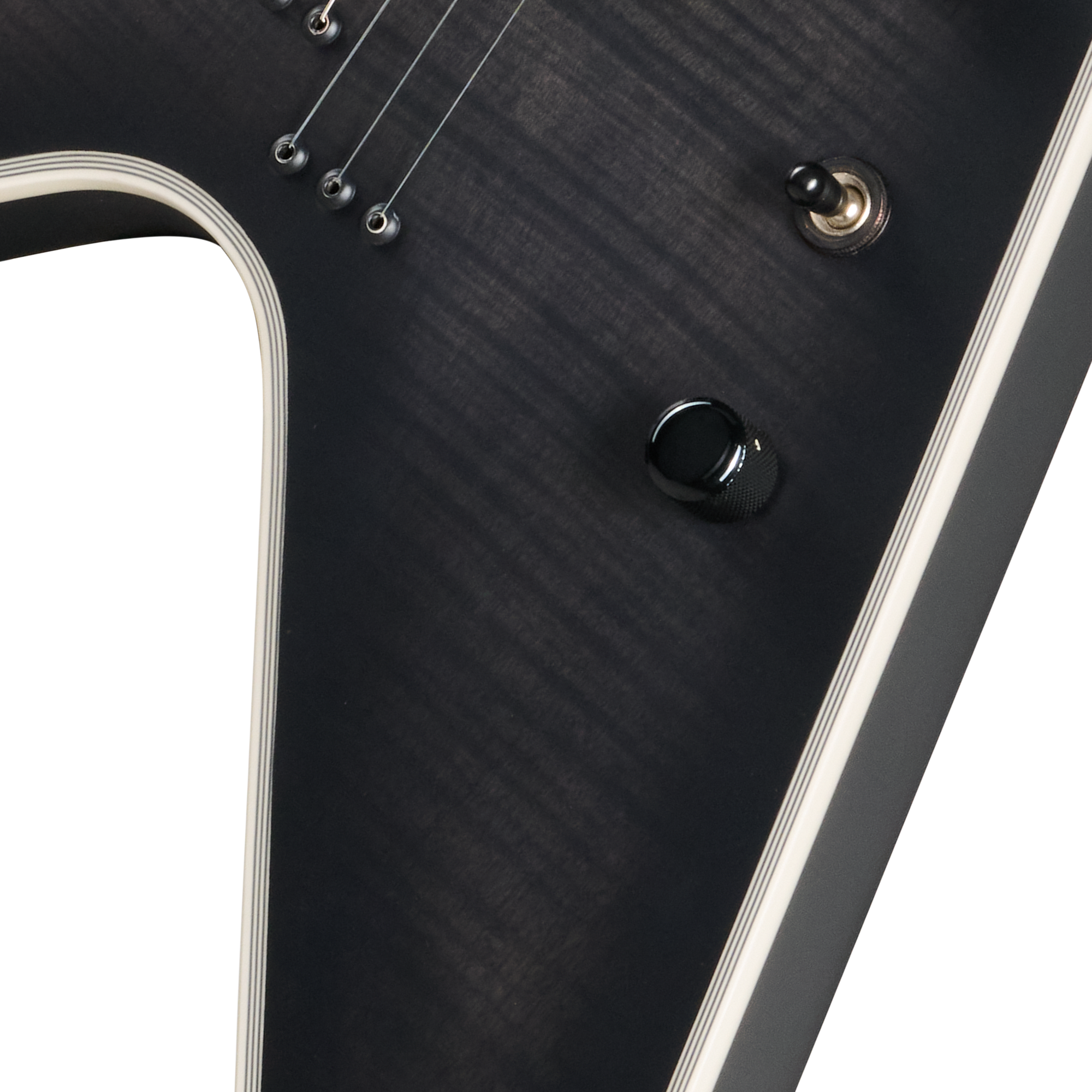 E-Gitarre, schwarzer Korpus, Kohlefaseroptik, Lautstärkeregler, Kippschalter