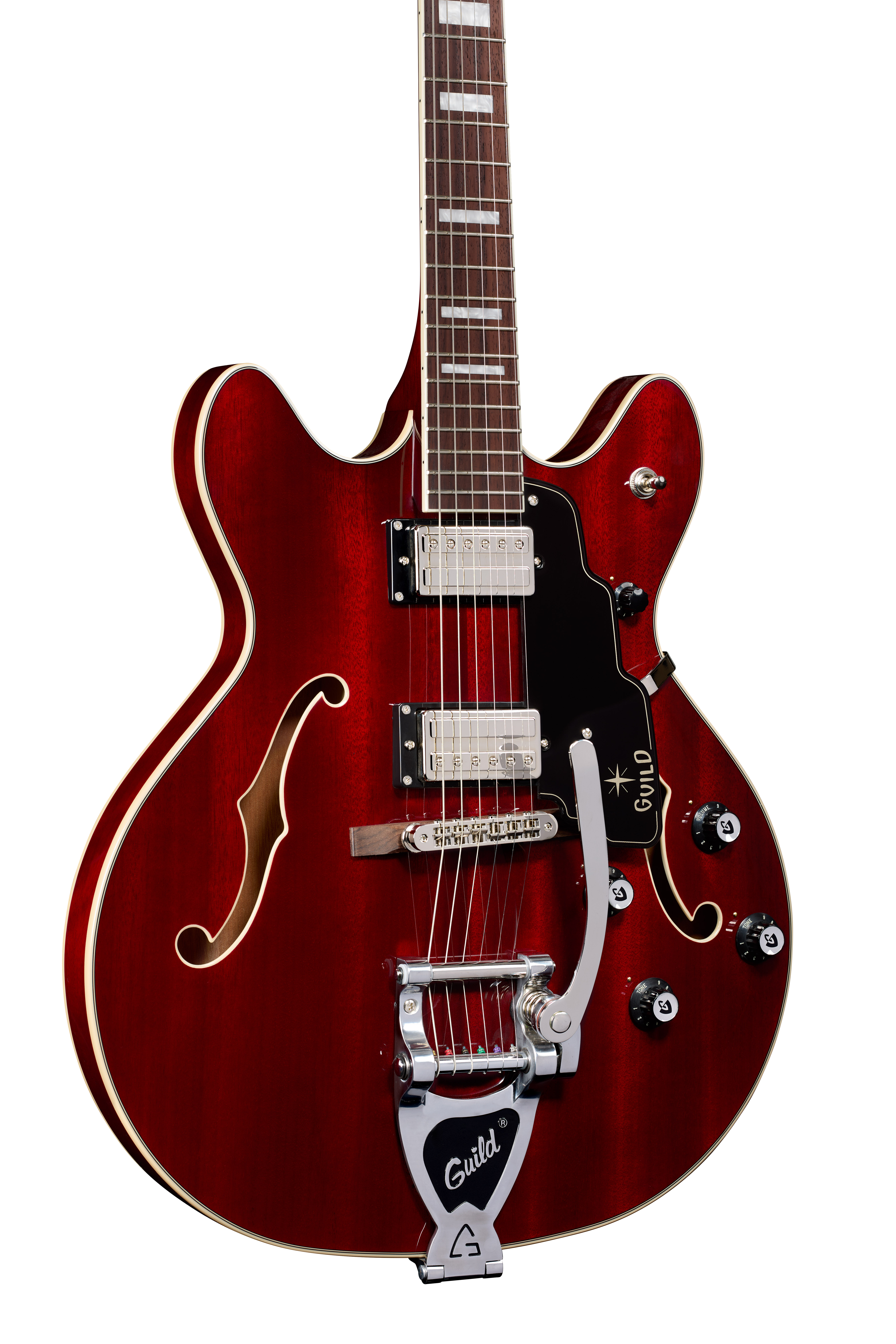 elektrische Gitarre, Hollowbody, rotes Finish, Doppelspulen-Tonabnehmer, Tremolo-System