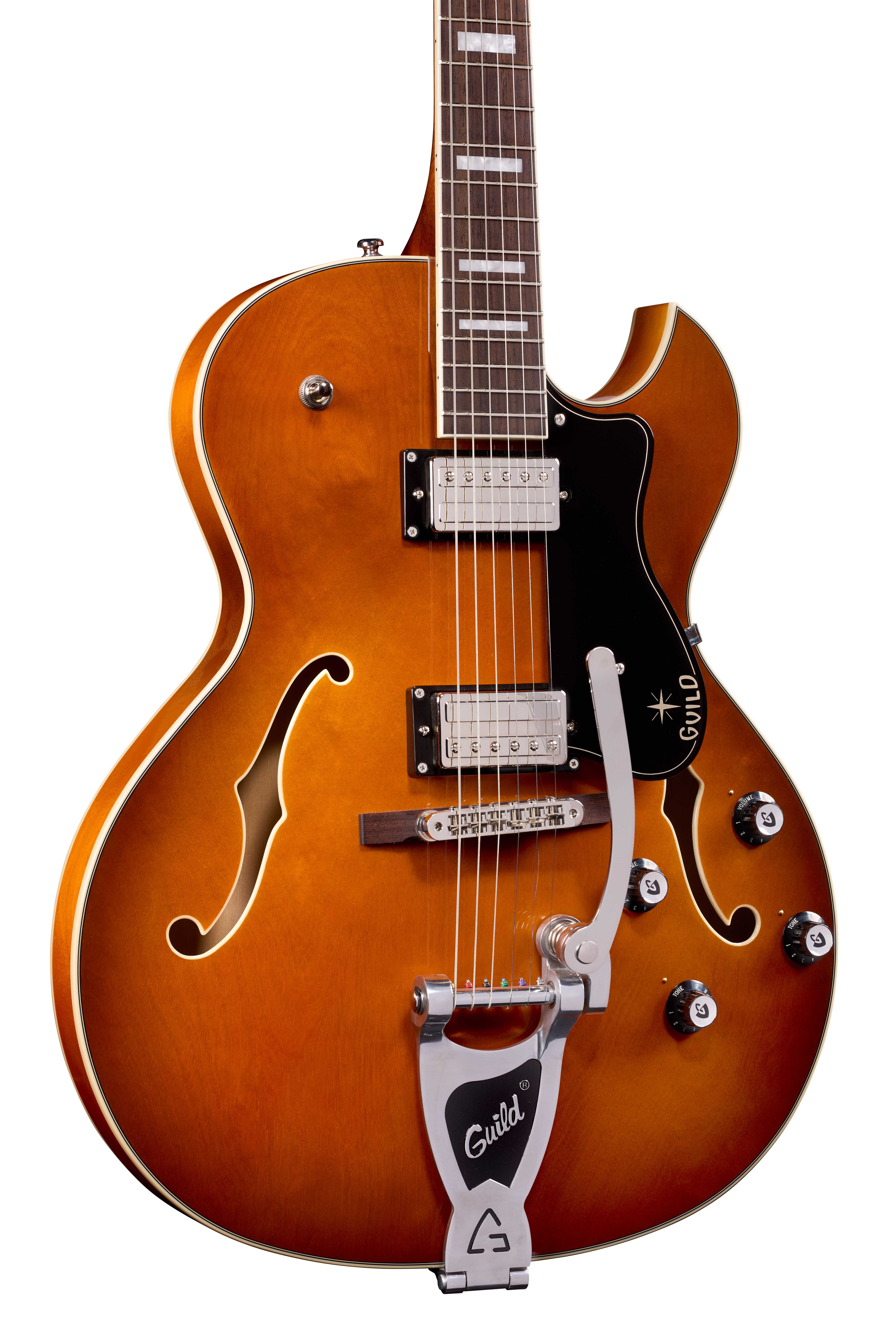 E-Gitarre, Hohlkörper, Braunes Finish, Doppelte Cutaways, Tremolo-System