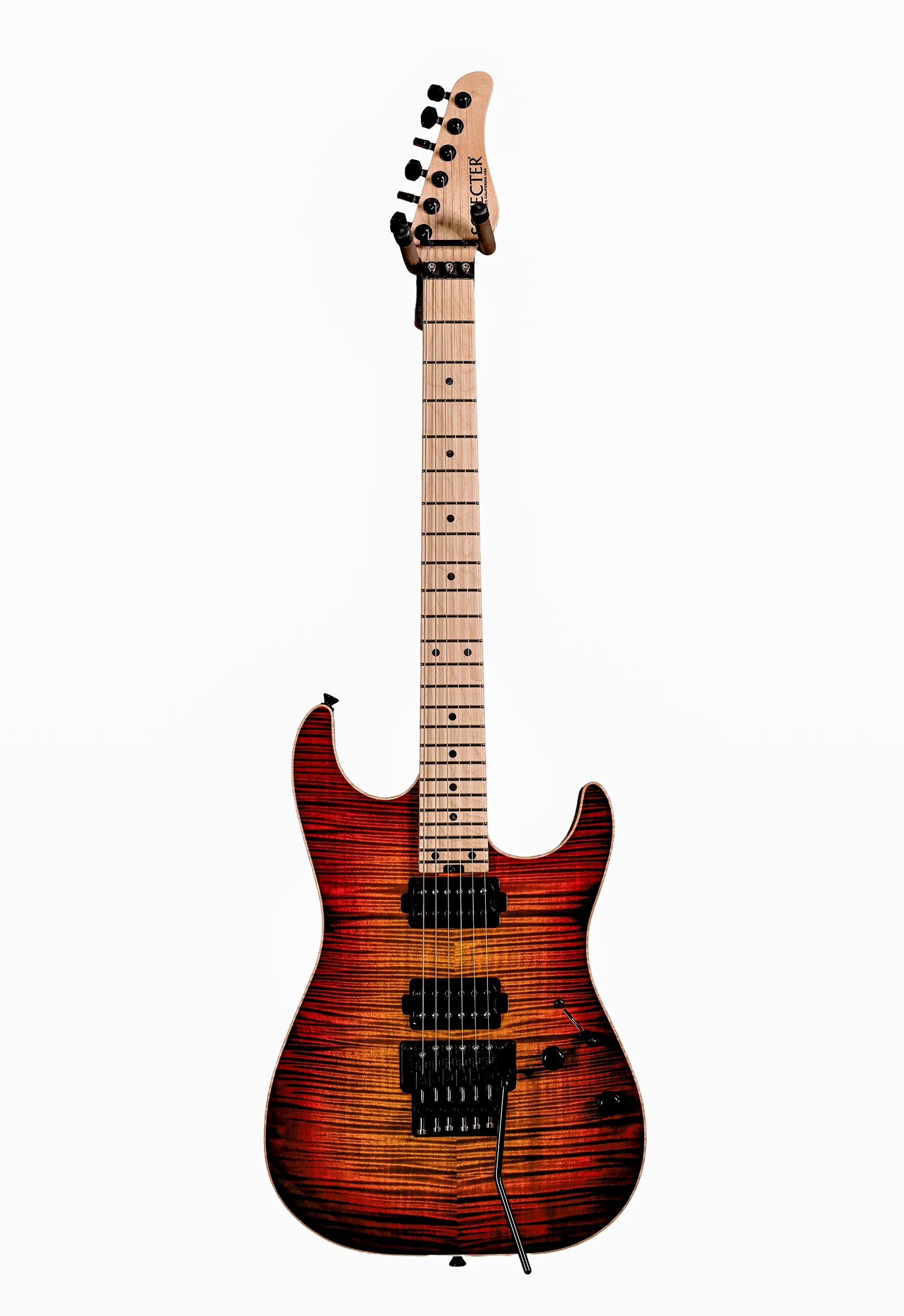 E-Gitarre, Flammenahorn-Decke, Rot-schwarzes Finish, Ahorn-Griffbrett, Doppelspul-Tonabnehmer