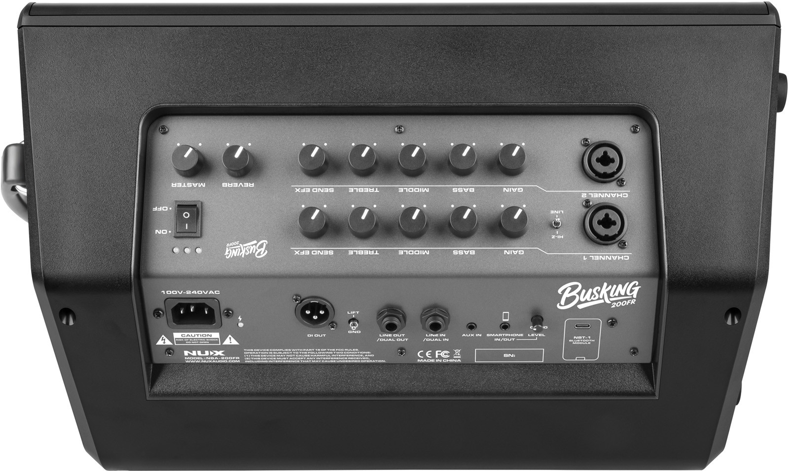 Akustikverstärker, schwarzes Gehäuse, Bluetooth-Modul, XLR-Eingänge, Equalizer-Regler