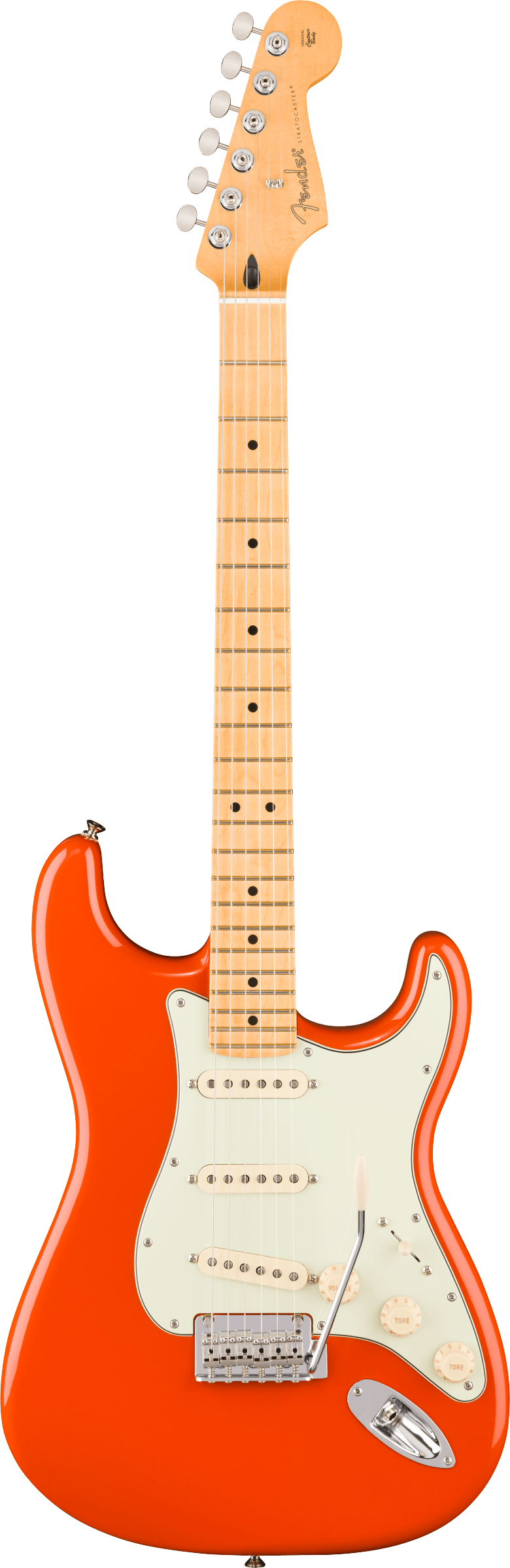 E-Gitarre, orange Korpus, Ahornhals, weißes Schlagbrett, drei Single-Coils