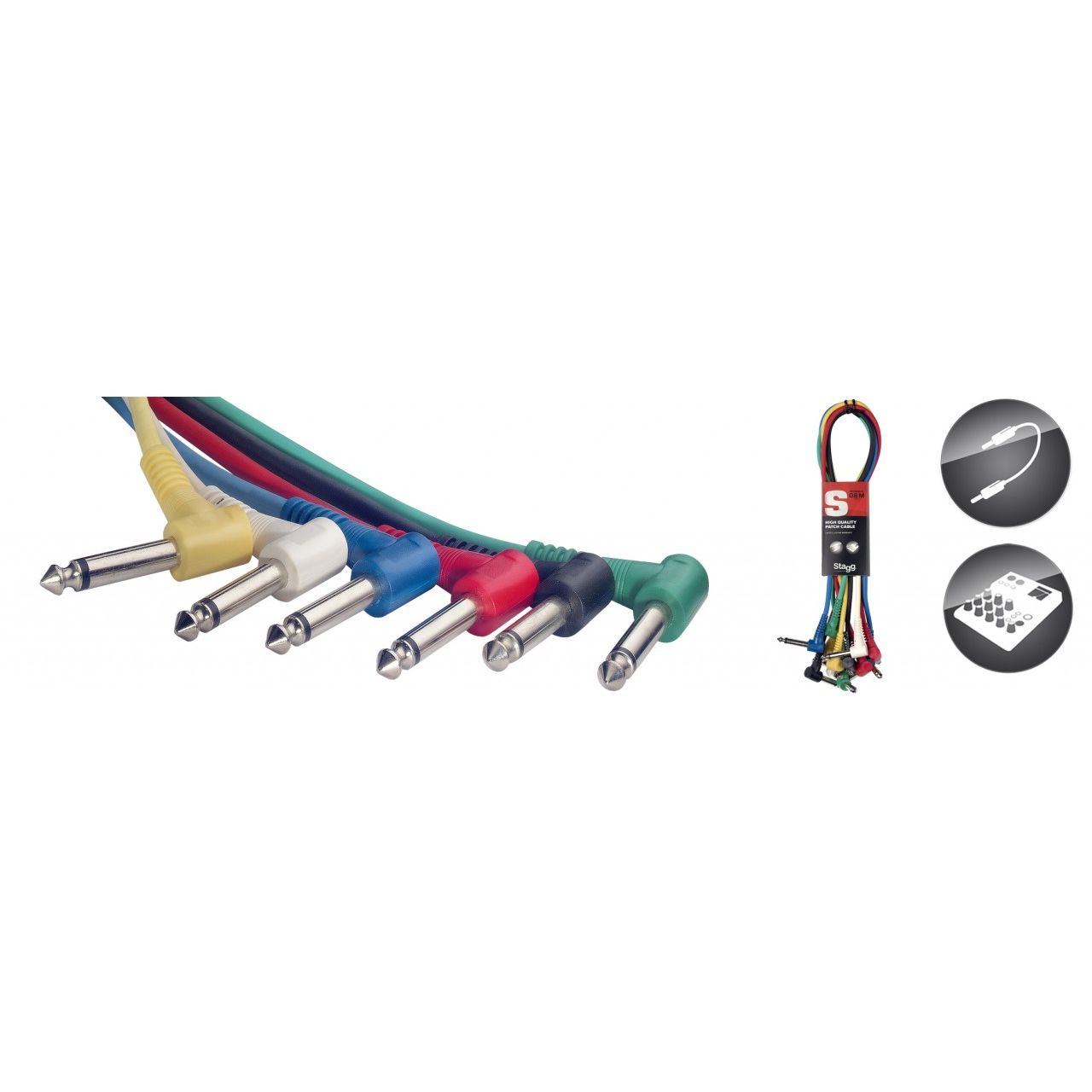 6er Pack Mono Patchkabel, Klinke/Klinke (m/m, L-Form), 15 cm, Kunstoff-Spritzguss